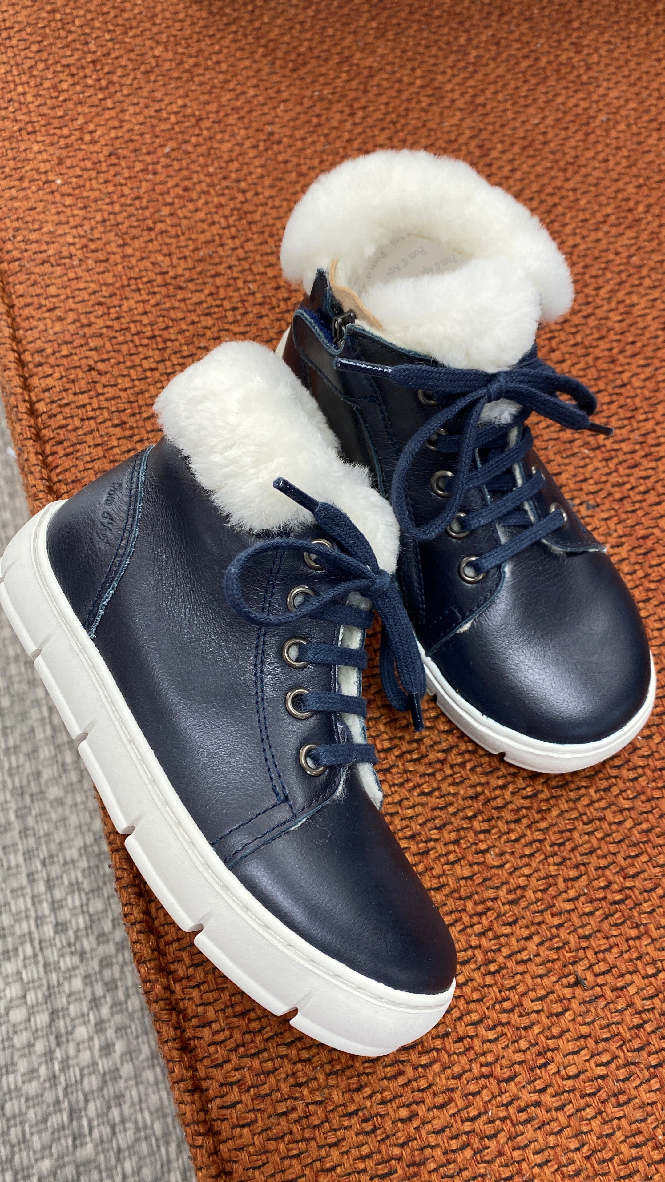 Pom D'Api Navy Fur Mid Top Sneakers for Kids - Stylish & Comfortable Winter Shoes for Boys and Girls - Perfect for School, Playdates & Outdoor Activities