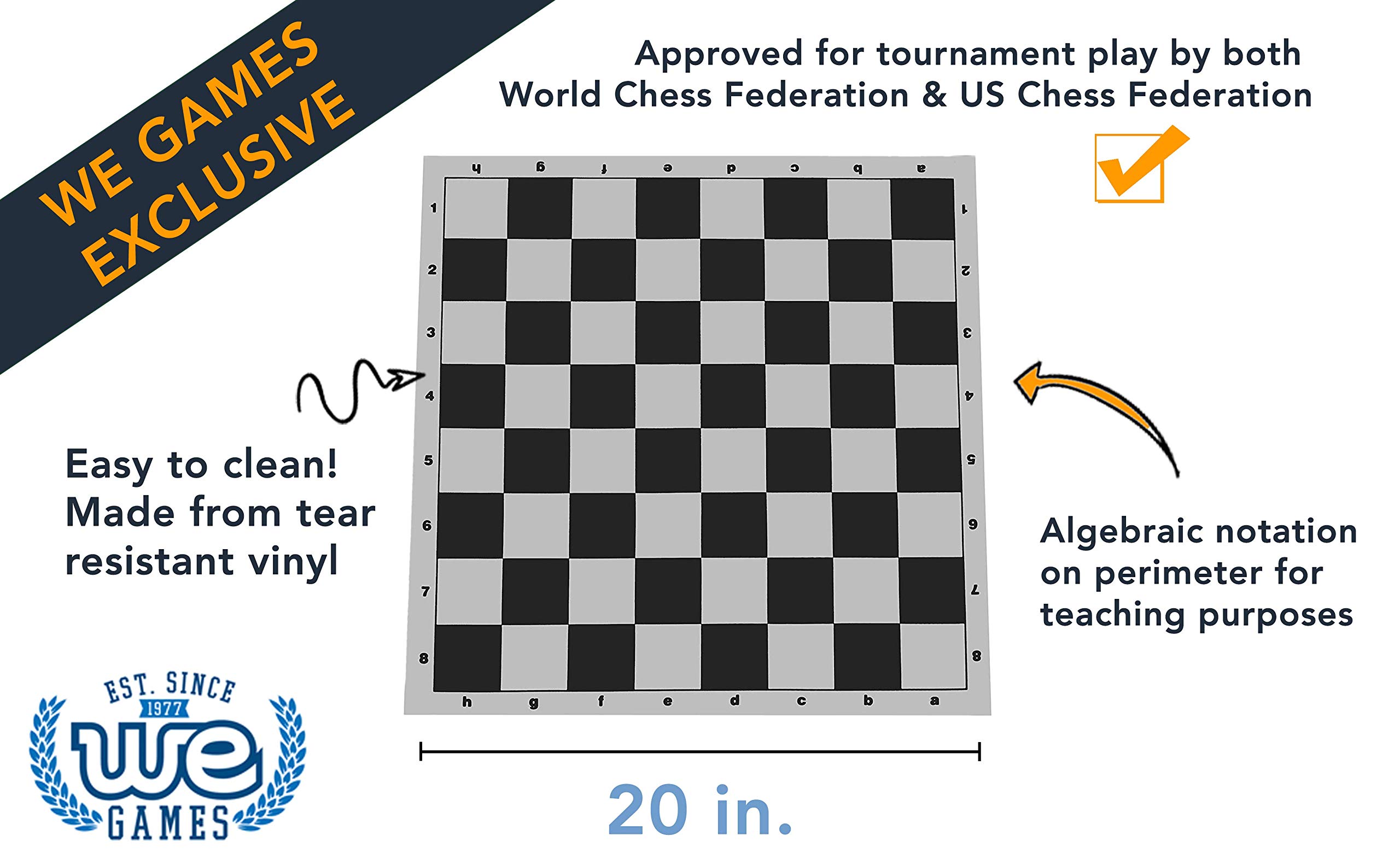 WE Games Tournament Chess Board - 20x20 Inch Vinyl Travel Chess Mat with Algebraic Notation | Portable Chess Set for Kids & Adults | Practice Chess Openings | Perfect for Home, Office, Travel & Outdoor Games