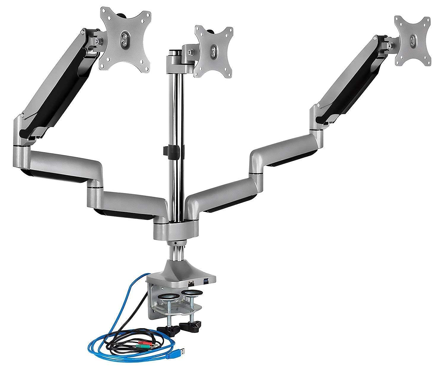 Mount-It! Triple Monitor Stand with Adjustable Height Arms for 24-32 Inch Screens, Under Desk Keyboard Tray with Gel Wrist Pad & USB/Audio Ports - Perfect for Home Office, Gaming Setup & Workstation Ergonomics (18.2