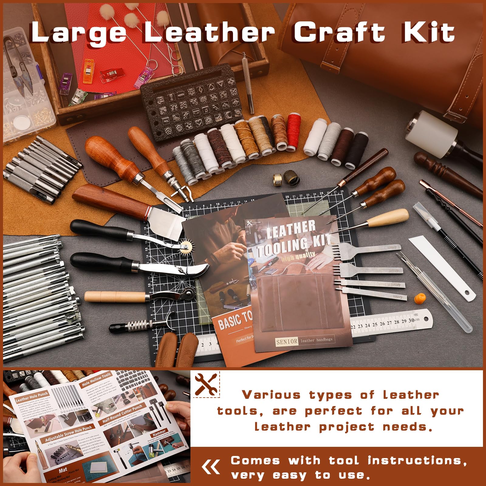 Professional Leather Craft Tool Kit - Leather Working Tools Set with Custom Handbag Cutting Mats, Engraving Punching & Sewing Stamping Sanding Tools for DIY Leather Projects | Perfect for Leather Crafting, Bag Making & Shoe Repair