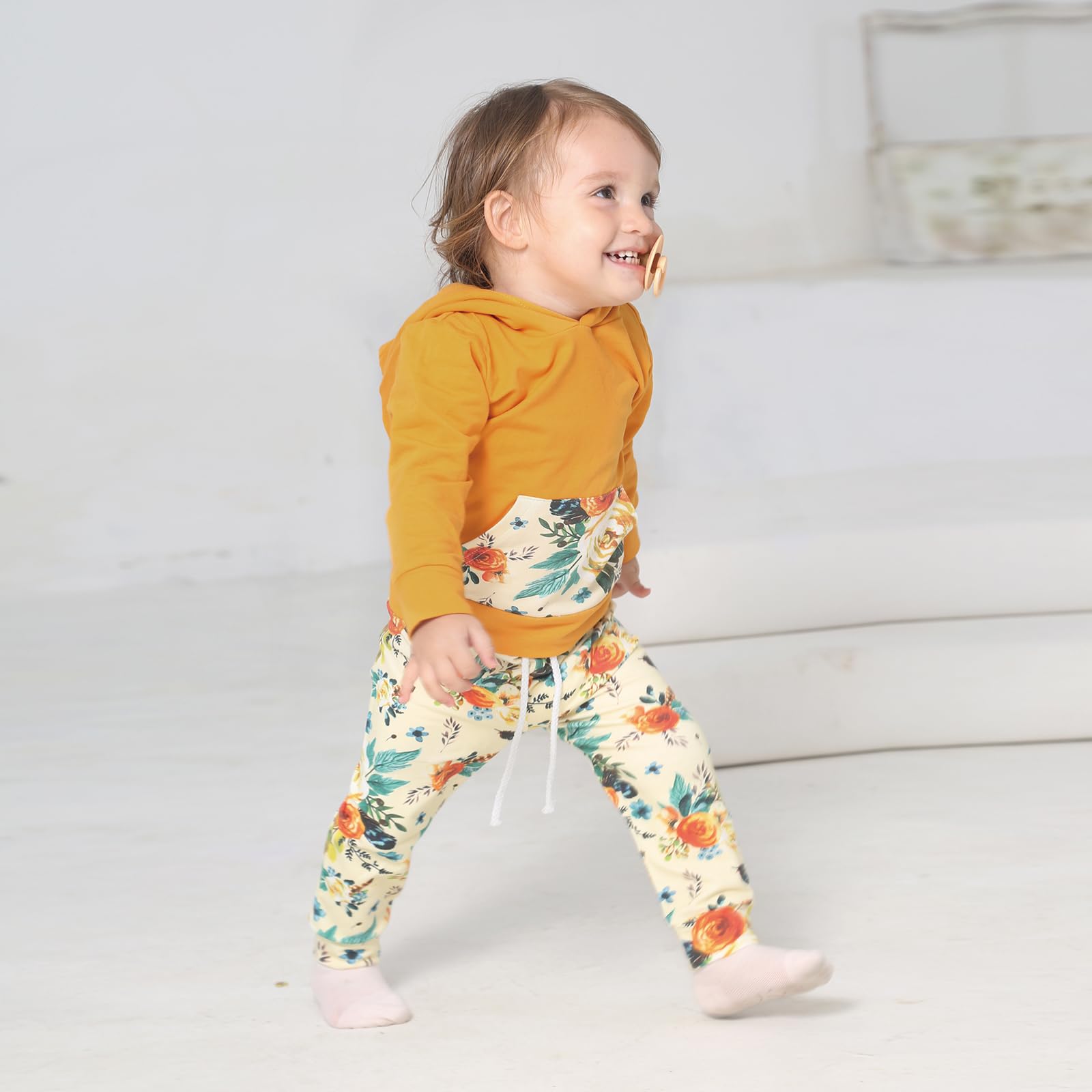 Eghunooy Baby Girl Outfit Set - Floral Long Sleeve Hoodie Sweatshirt with Pants, Pocket & Headband | Cute Toddler Clothes for Playdates, Family Photos & Everyday Wear