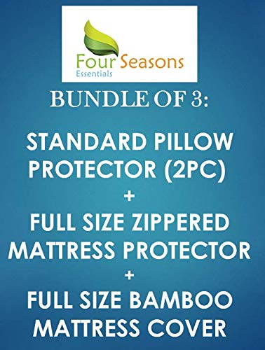 4-Season Waterproof Pillow & Mattress Protector Set - 2 Standard Pillow Protectors + Full Size Zippered Mattress Cover & Bamboo Topper | Bedding Essentials for Allergy Relief, Kids, Pets & Sweat Protection | Perfect for All-Season Use, Guest Rooms & Dorm Essentials