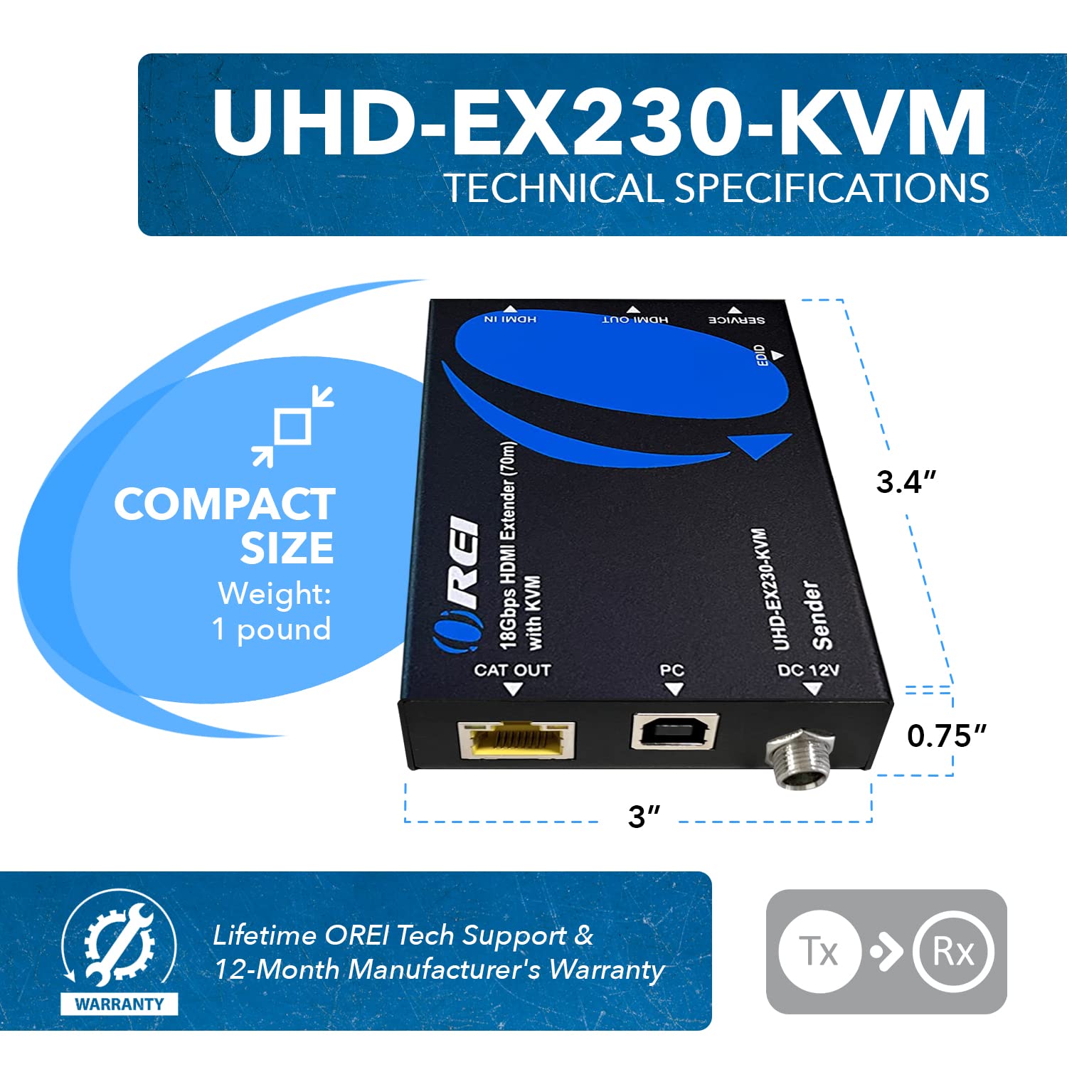 OREI 4K HDMI Extender Over Ethernet with KVM - 4K@60Hz Up to 230ft via CAT6/7 Cable - USB 1.1 Keyboard & Mouse Support, Loop Out, PoE - Perfect for Home Theater, Gaming & Office Setups