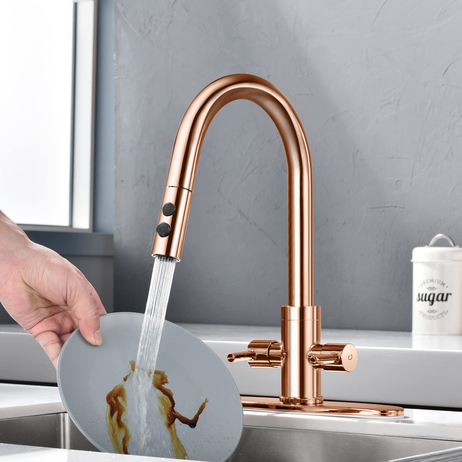 Stainless Steel Kitchen Sink Faucet with Pull Down Sprayer - 2 Handle Bar Faucet in Copper Rose Gold (PAKING PB1048) - Perfect for Modern Kitchens and Wet Bars