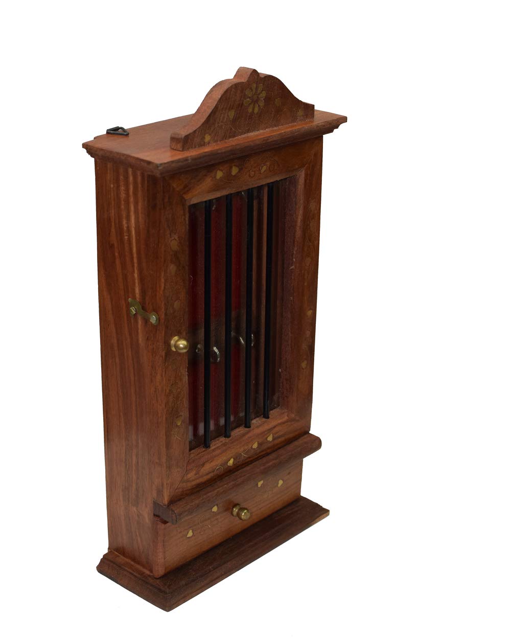 Premium Rosewood Key Holder with 6 Hooks & Glass Front Storage - Handcrafted Wooden Wall Organizer for Home, Office & Entryway Organization