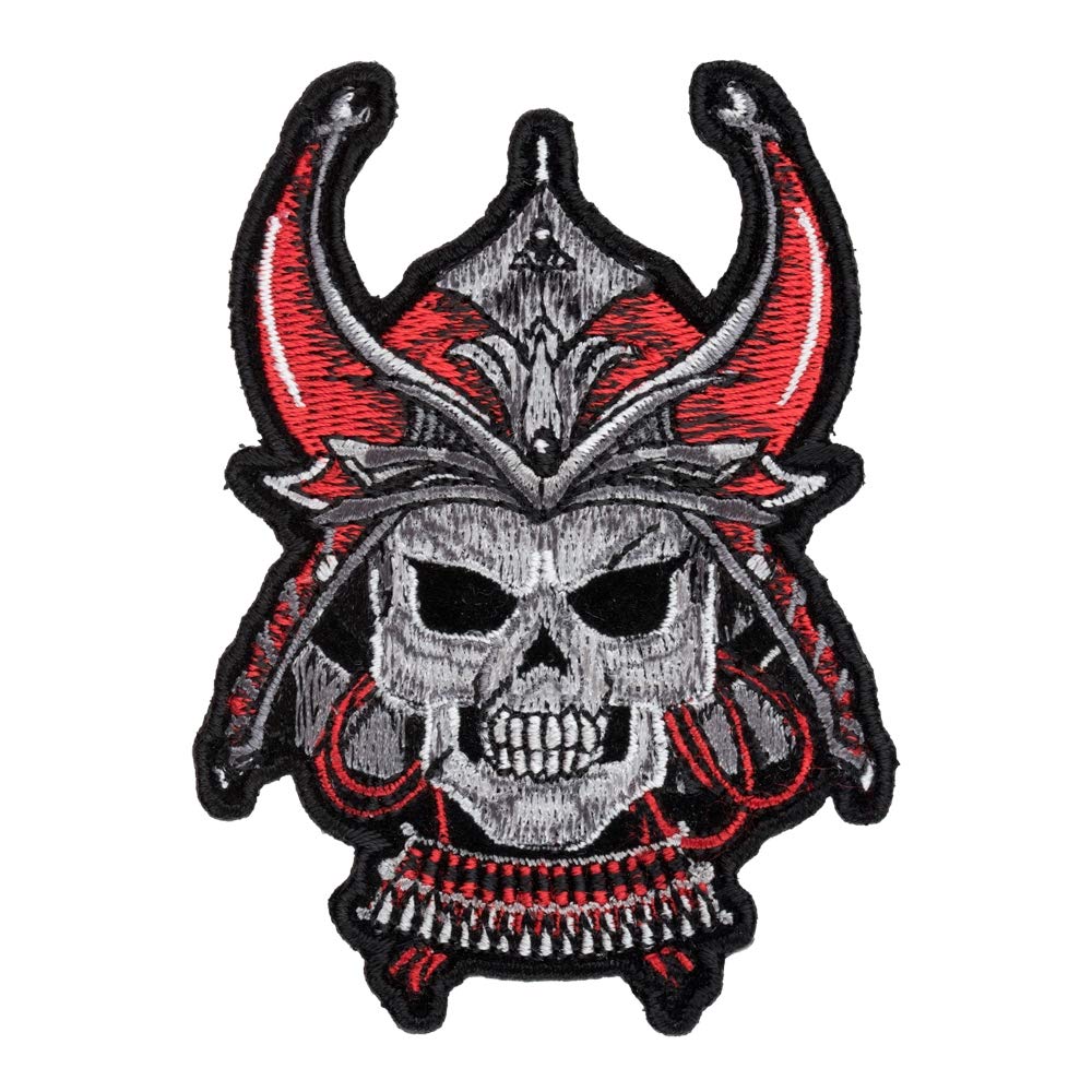 Samurai Skull Iron On Patch - 2.5x3.5 Inch Embroidered Red & Gray DIY Sew On Patches for Jackets, Jeans, Bags - Perfect for Punk, Gothic, Biker Fashion & DIY Clothing Customization