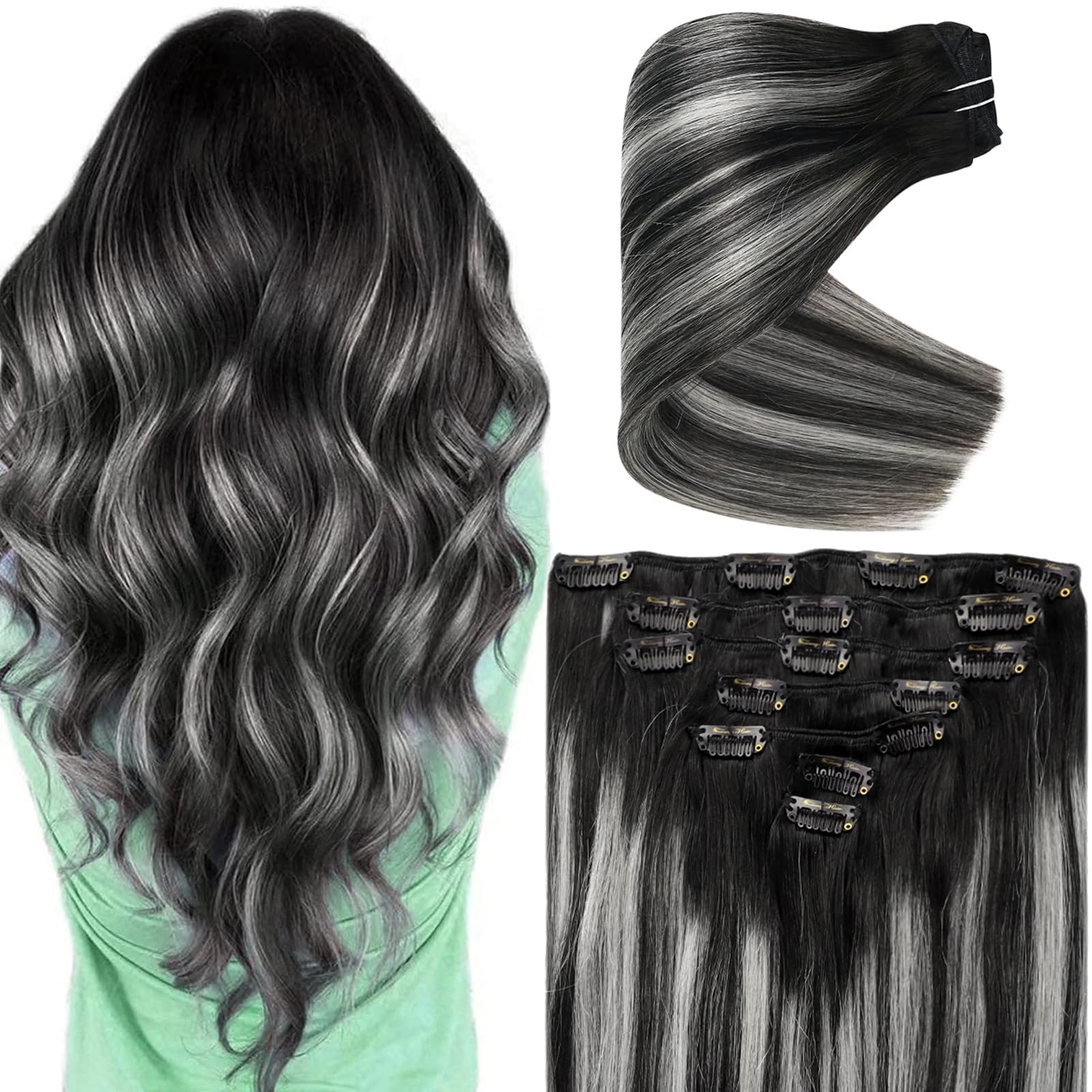Ve Sunny Ombre Clip-in Hair Extensions 20 Inch - 7pcs 120g Real Human Hair, Natural Black to Grey Silver Ombre - Perfect for Women's Daily Styling, Parties & Special Events