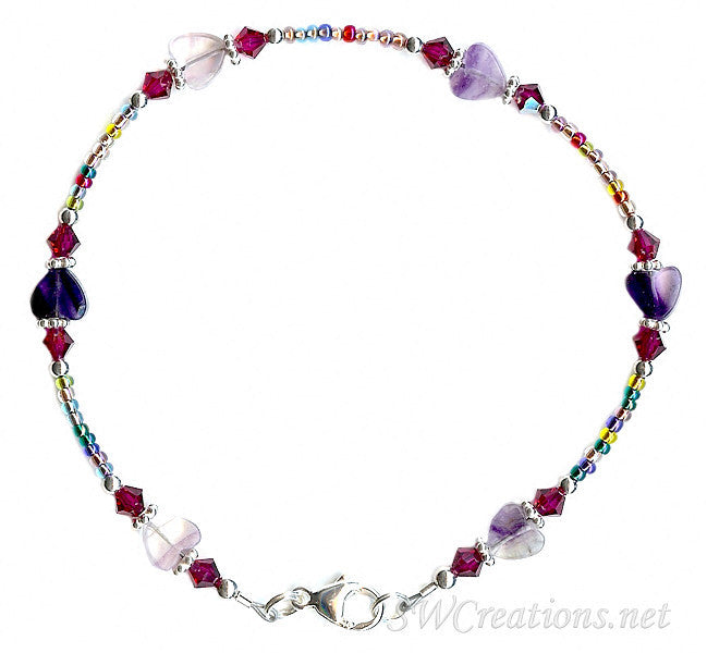Natural Ruby Crystal Fluorite Gemstone Heart Anklet - Elegant Adjustable Ankle Bracelet for Women, Perfect for Yoga, Beach & Boho Fashion