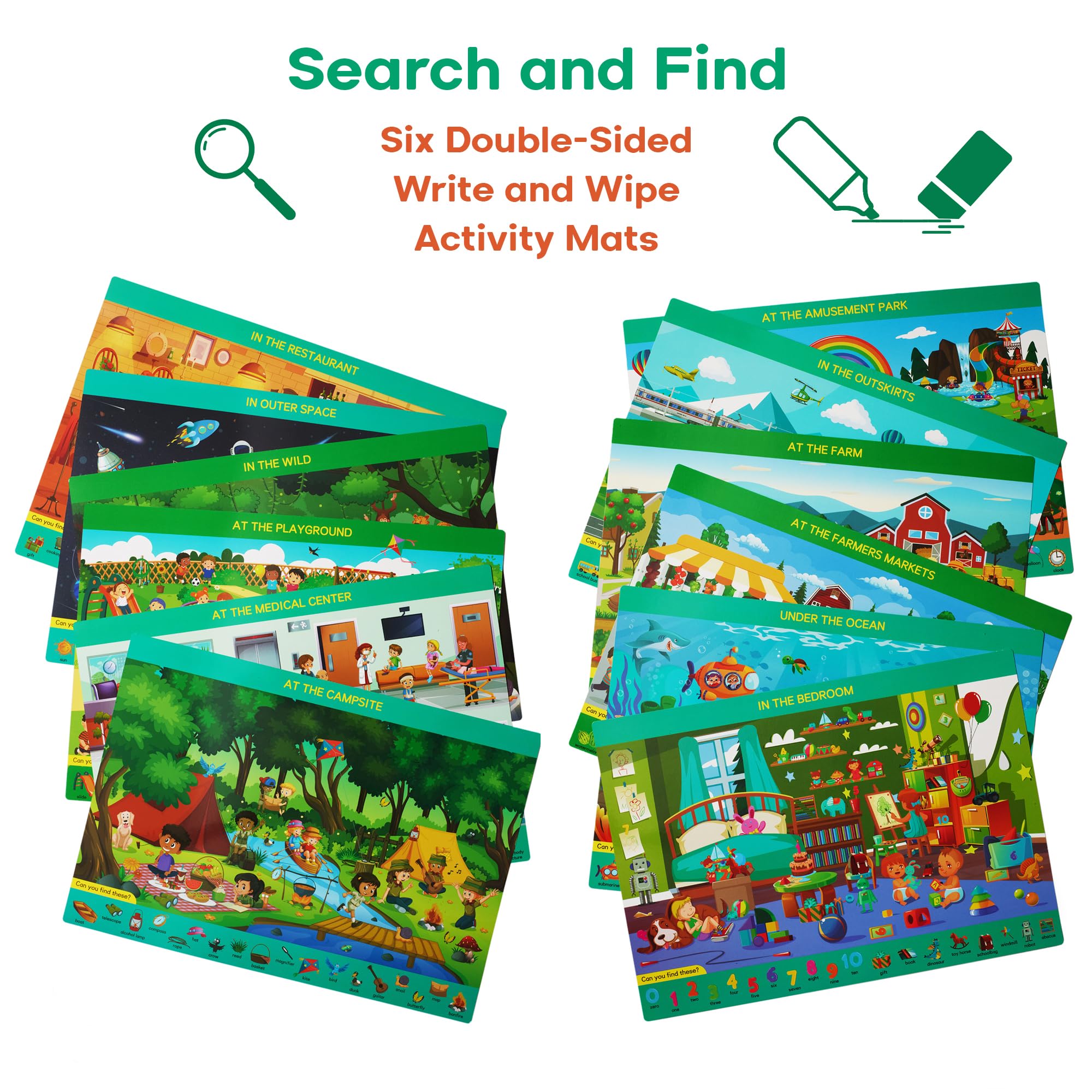 Little Learner Search and Find Educational Game Set with Reusable Mats, Dry Erase Markers & Eraser - Montessori Learning Toy for Kids Ages 3-6 | Perfect Travel Activity & Birthday Gift for Toddlers | Ideal for Home, Classroom & Road Trips