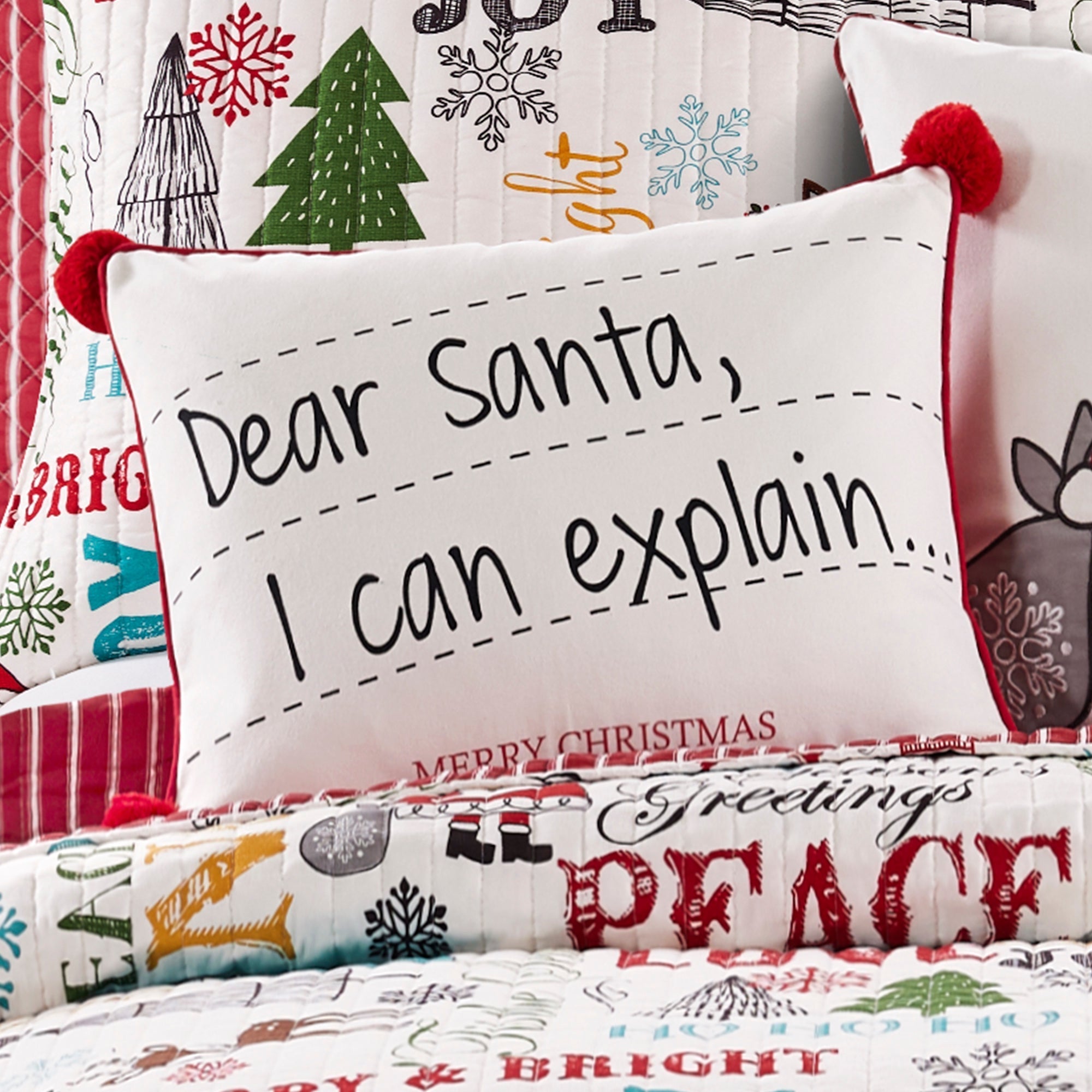 Santa Claus Lane Postcard Pom Throw Pillow - Christmas Home Decor, Holiday Couch Cushion, Festive Living Room Accent