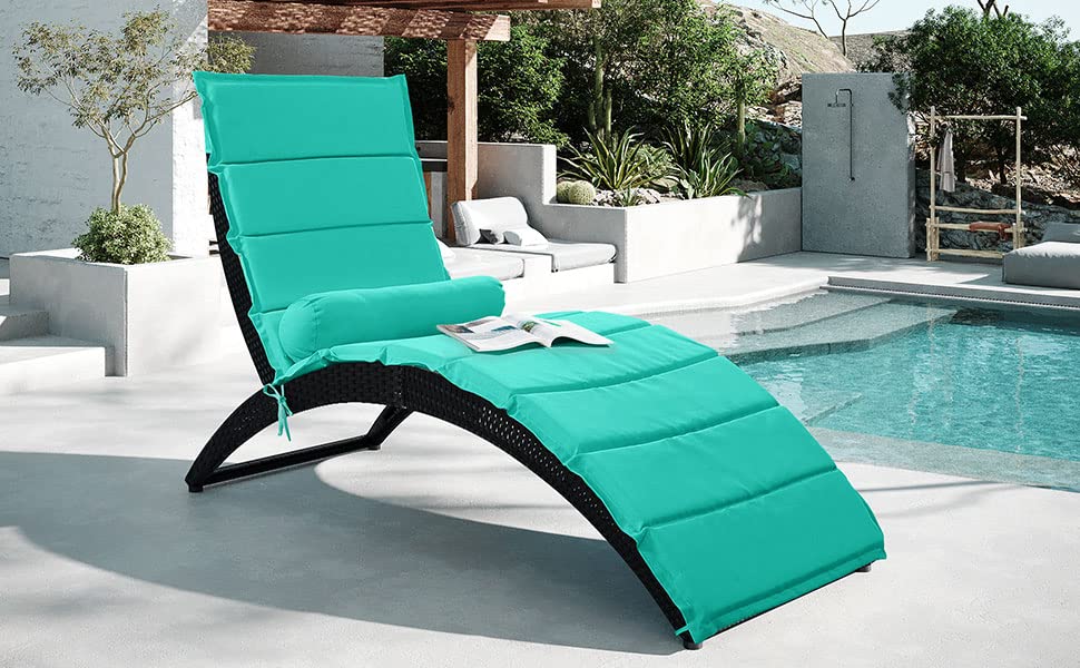 Foldable PE Rattan Sun Lounger Chair with Removable Cushion & Bolster Pillow - Outdoor Patio Furniture for Backyard, Garden, Poolside, or Balcony - Wicker Chaise Lounge in Black & Turquoise for Ultimate Relaxation
