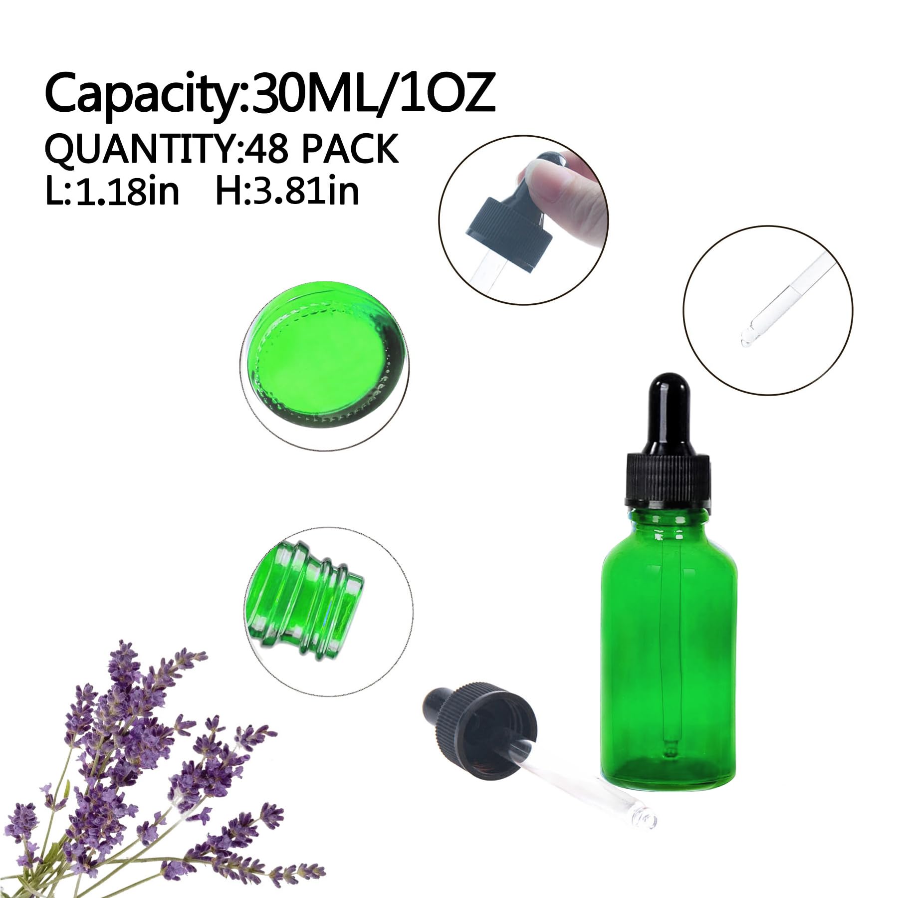 48 Pack 1oz (30ml) Green Glass Dropper Bottles with Glass Pipettes - Essential Oil Bottles, Perfume Containers, DIY Liquid Storage - Perfect for Aromatherapy, Travel & Craft Projects