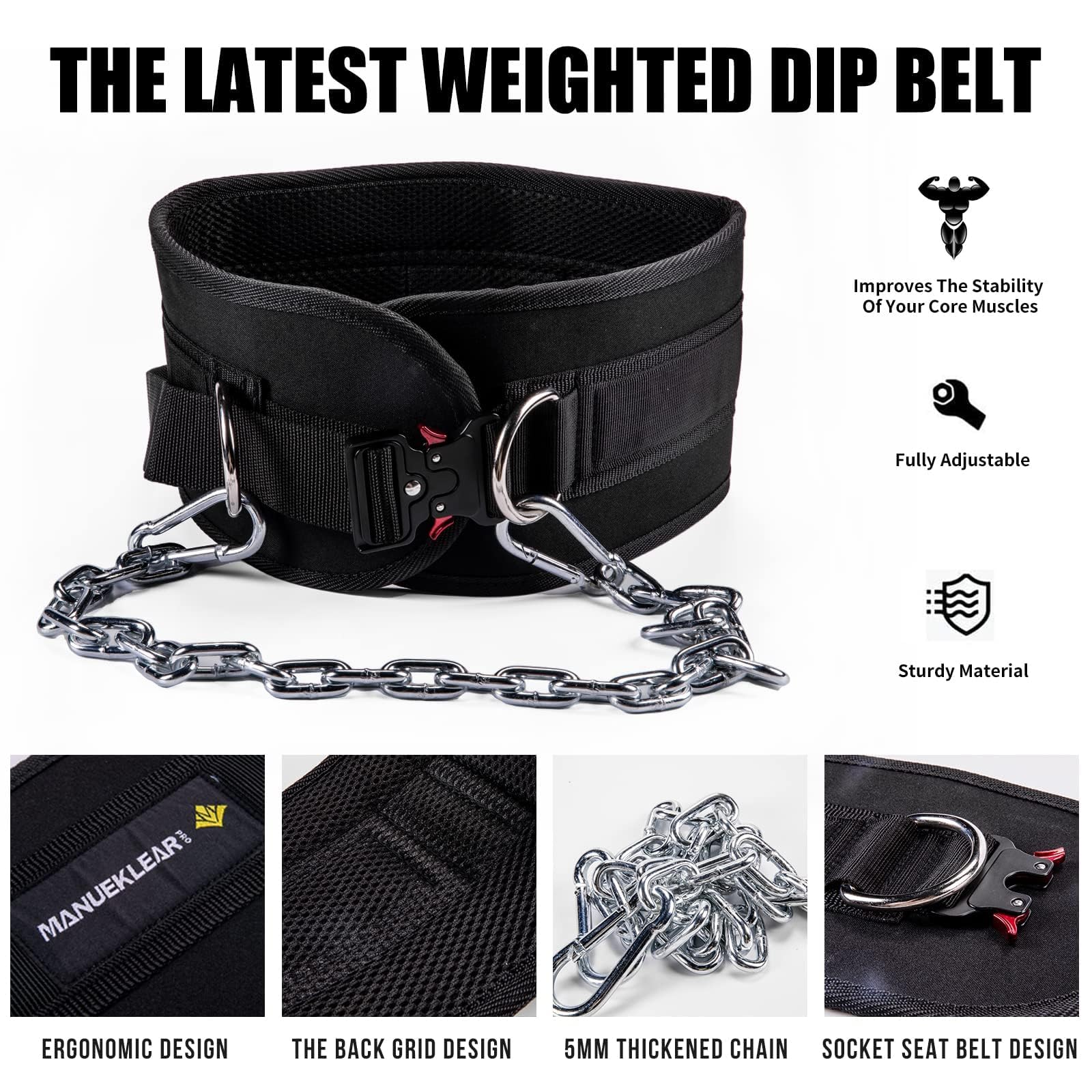 MANUEKLEAR Quick Locking Dip Belt - Heavy Duty Weightlifting Belt for Men & Women - 40 Inch Chain Powerlifting Belt for Gym & CrossFit Training