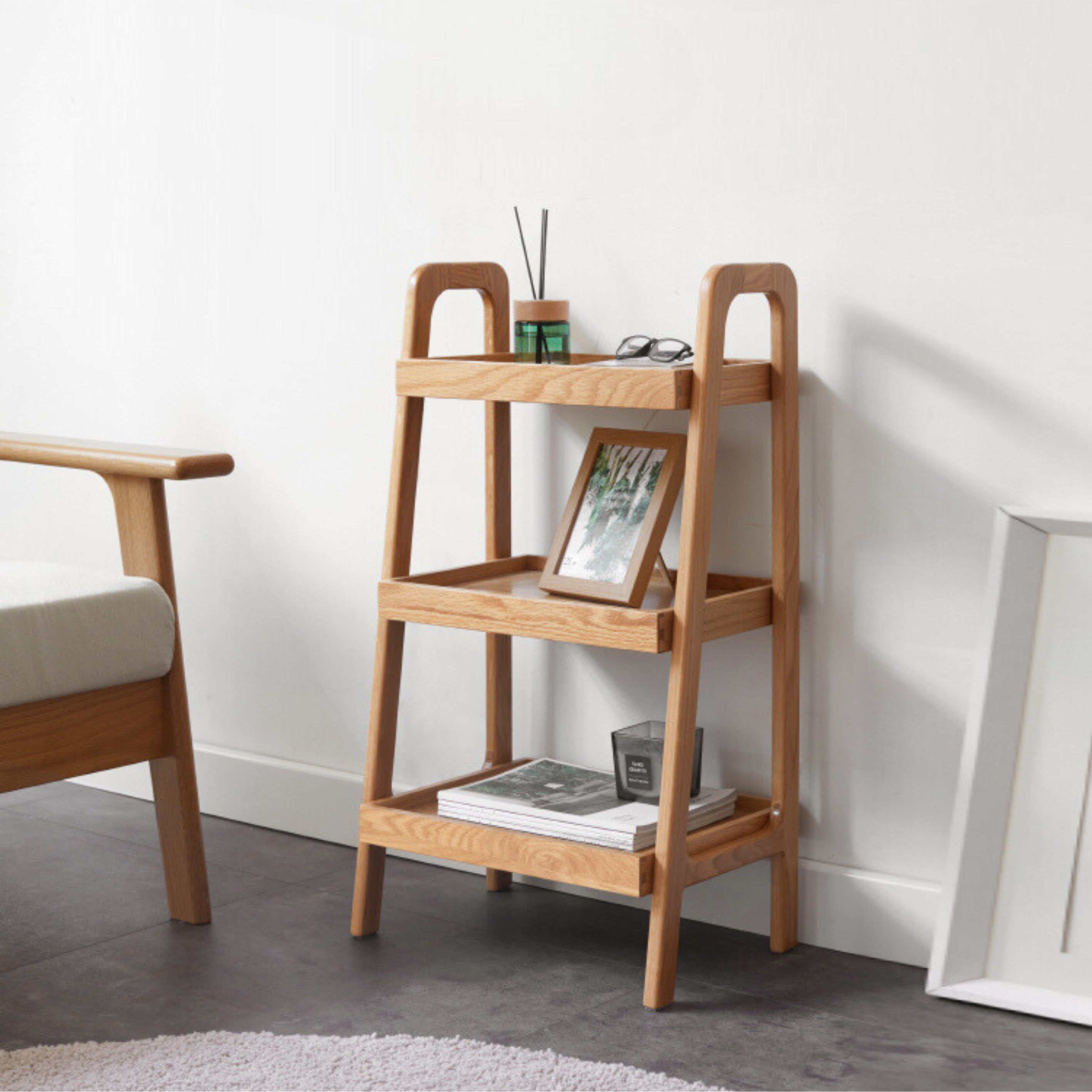 Solid Oak Wood Trapezoidal 3-Tier Bookshelf & Side Table - Modern Home Office Storage & Living Room Decor