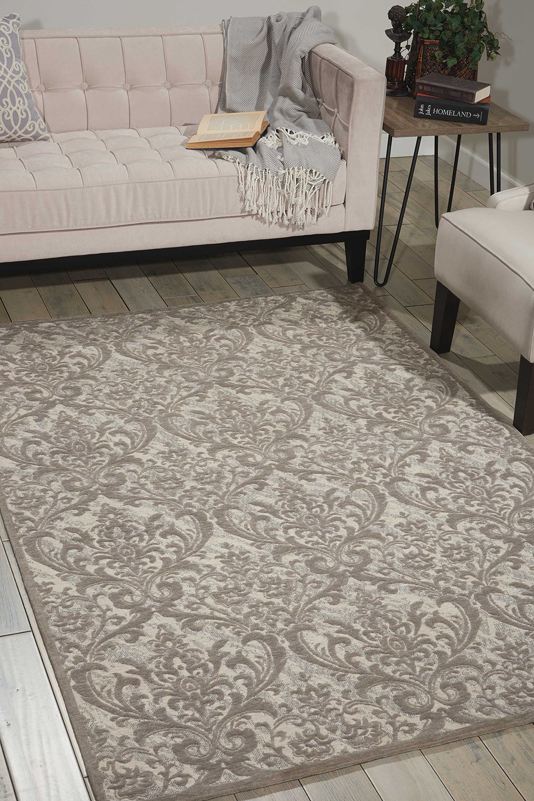 Nourison Damask Traditional Ivory/Grey 8' x 10' Area Rug - Easy to Clean, Non-Shedding, Stain Resistant | Perfect for Bedroom, Living Room, Dining Room & Kitchen Decor (8x10)