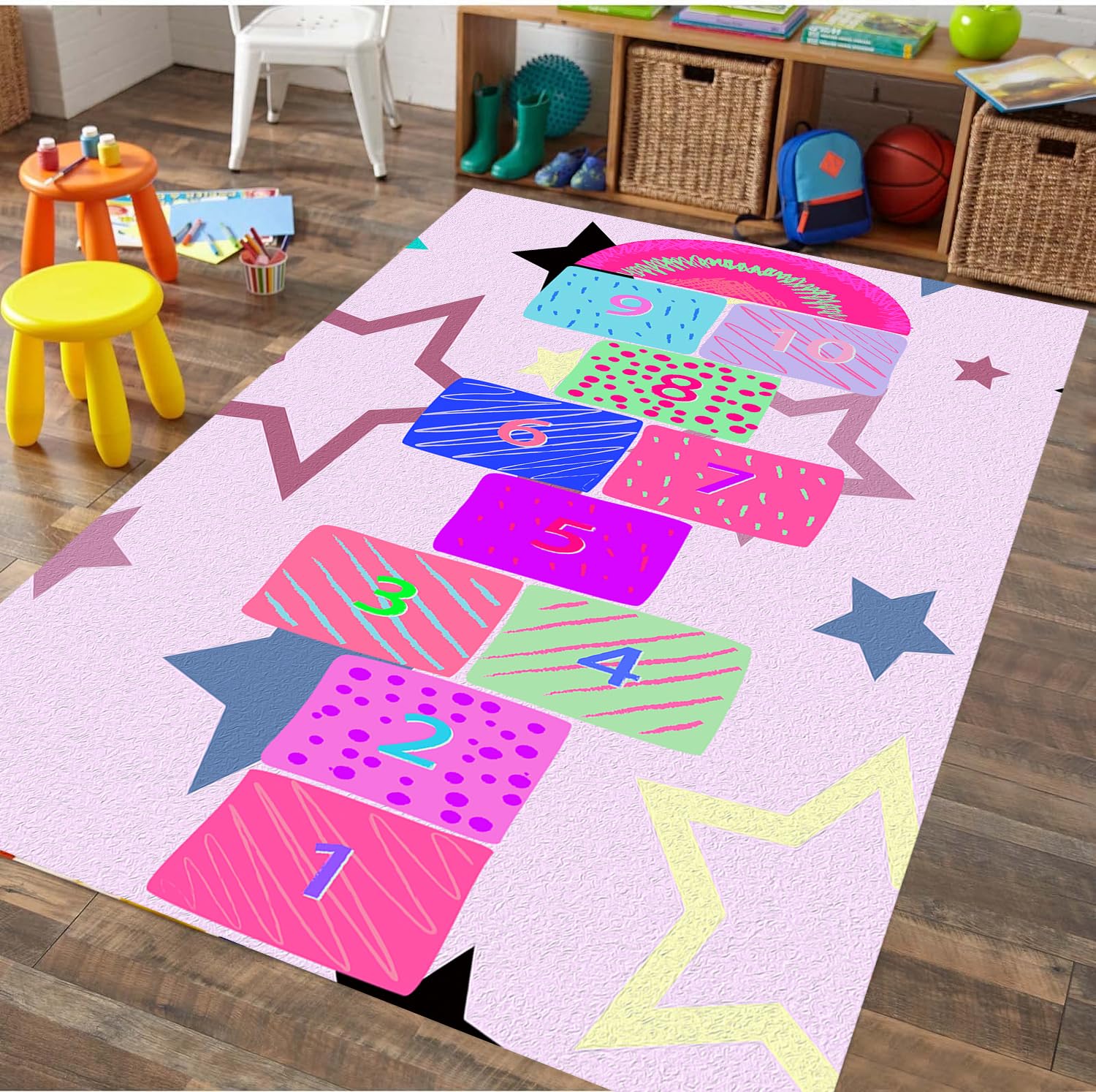 6x8ft Kids Play Area Rug - Fun & Educational Hopscotch Carpet with Star Pattern | Non-Slip Washable Indoor Play Mat for Girls Bedroom, Classroom & Nursery | Perfect for Learning Counting, Playtime & Room Decor