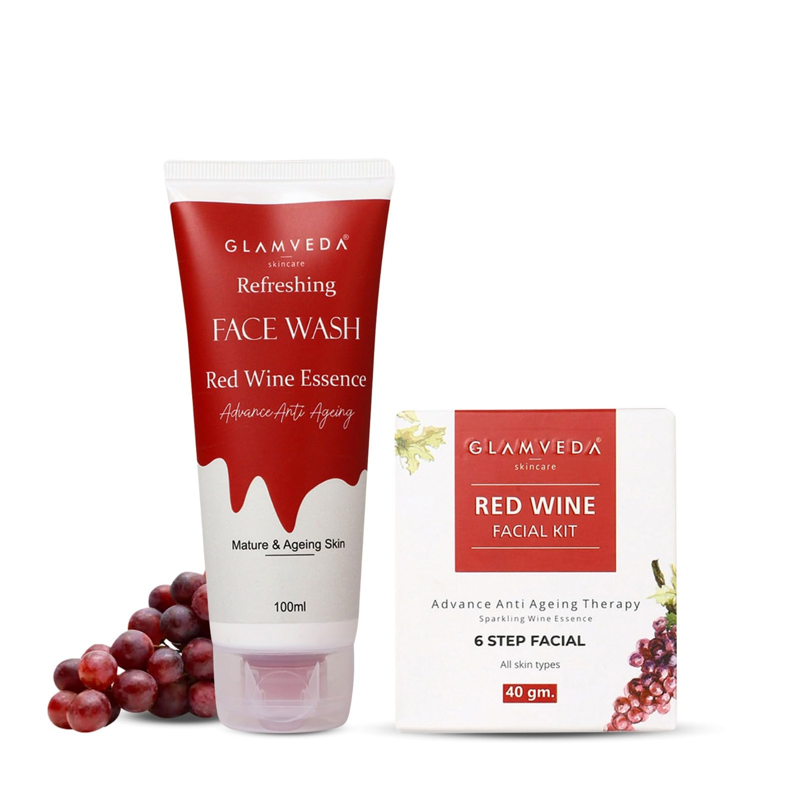 Glamveda Red Wine Anti-Aging Skincare Set (Face Wash + Facial Kit) - Reduces Wrinkles & Fine Lines | Perfect for Daily Anti-Aging Routine & Spa Night Self-Care
