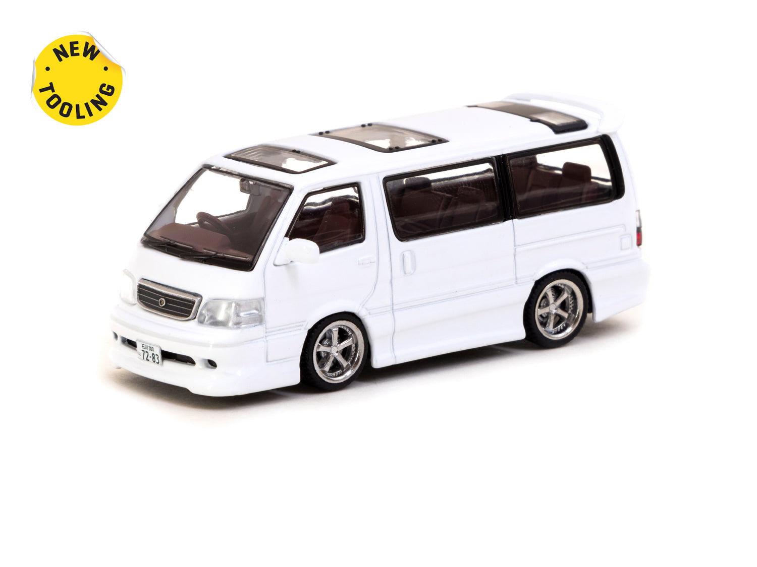 Tarmac Works 1/64 Scale Toyota Hiace Wagon Custom White Diecast Model Car - HK Toy Car Salon Special Edition Collectible for Display & Racing Scenes