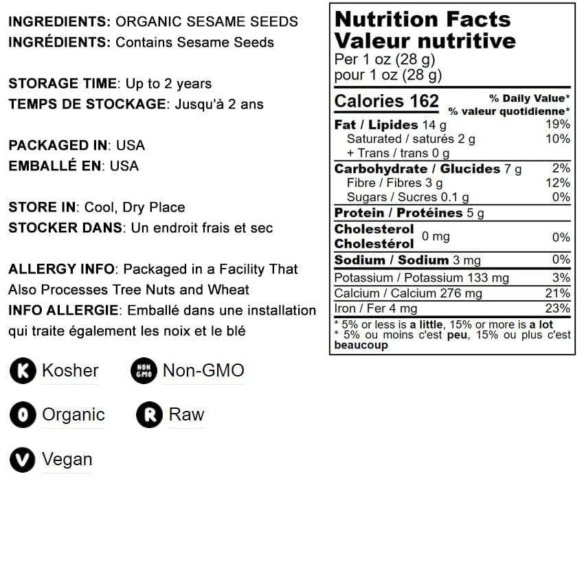 Organic Hulled Sesame Seeds 1lb - Raw White Sesame Seeds, Non-GMO, Kosher, Vegan, Unroasted Bulk | High in Iron & Calcium | Perfect for Tahini, Stir Fry, Salad, Baking & Healthy Snacks