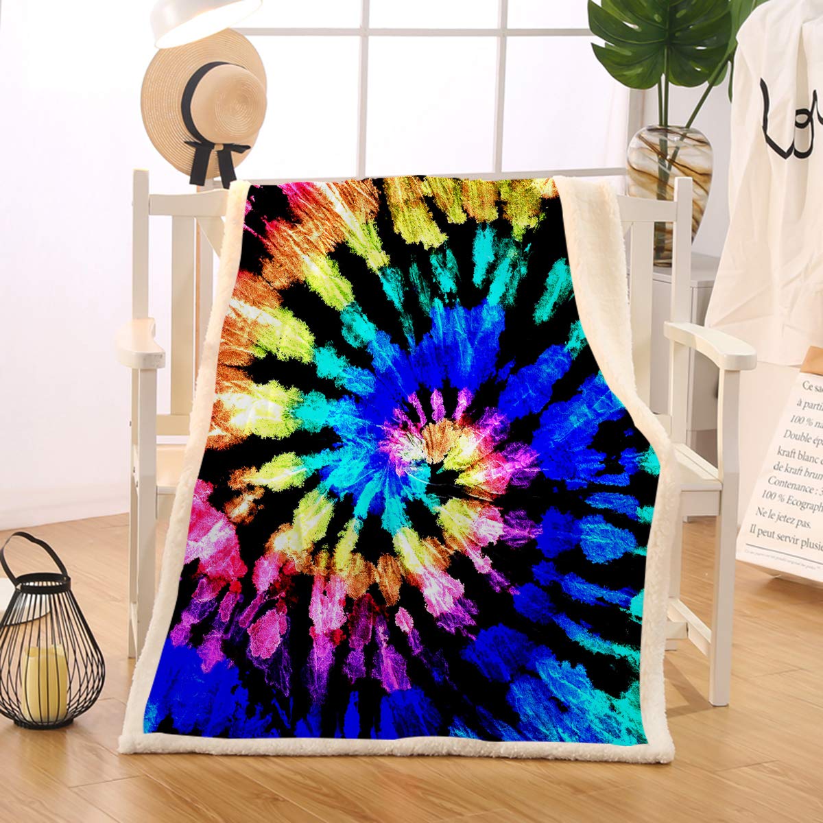 BlessLiving Tie Dye Fleece Blanket - 60x80 Inch Twin Size Bohemian Sherpa Throw Blanket for Bed, Couch & Travel - Soft Plush Hippie Style Cozy Blanket for Home Decor, Camping & Gift Giving