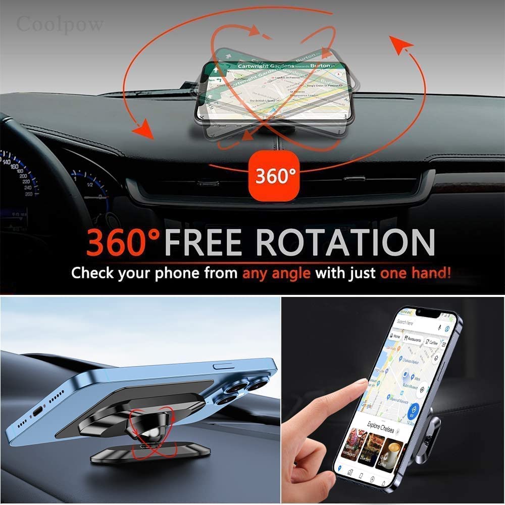 2-Pack Super Strong Magnetic Phone Holder for Car - 360° Rotating Universal Dashboard Mount with 4 Metal Plates | Compatible with iPhone & Smartphones | Perfect for Commuting, Road Trips & Hands-Free Navigation