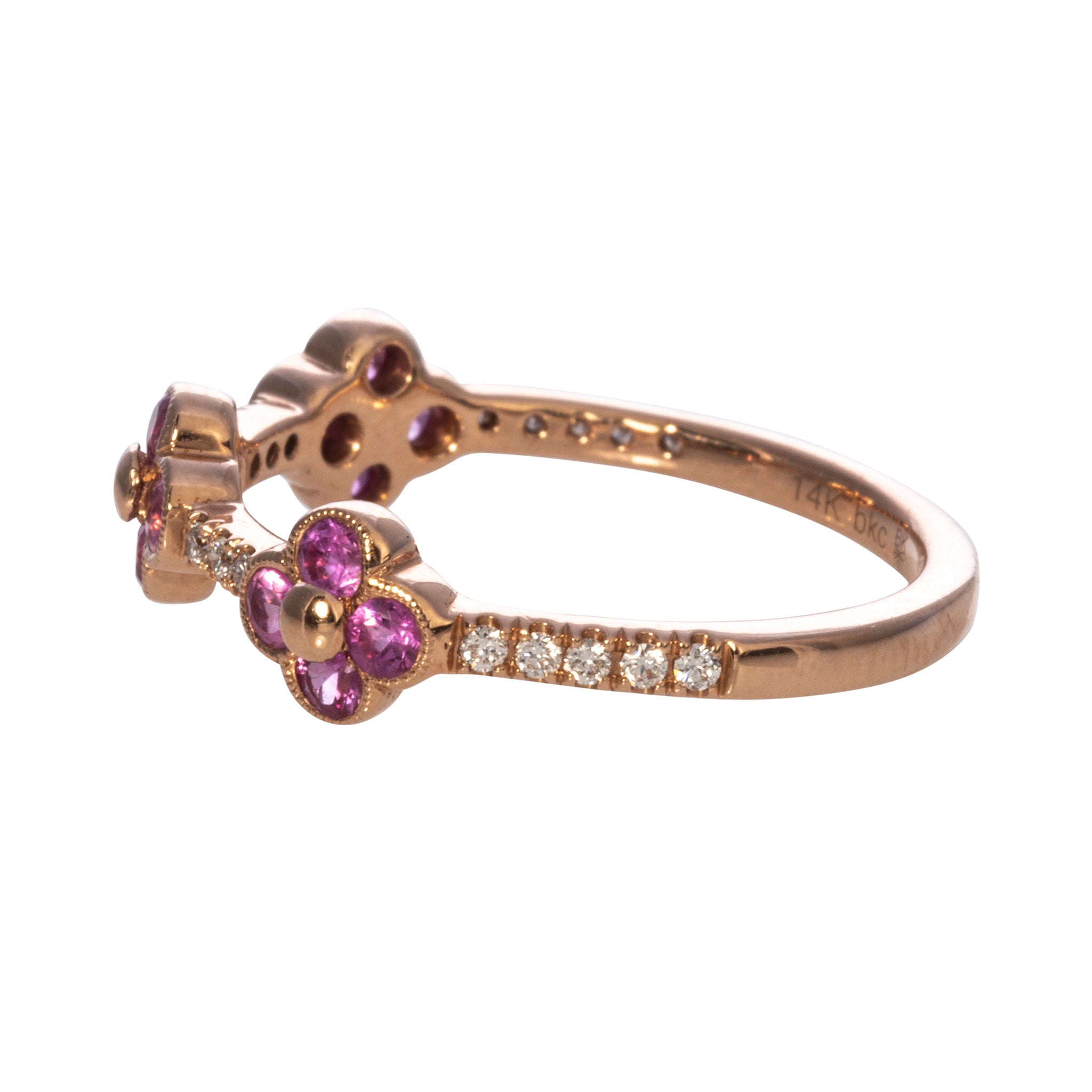 14K Rose Gold Pink Sapphire & Diamond Clover Halfway Band Ring - Elegant Jewelry for Women, Perfect for Anniversary, Engagement & Everyday Wear