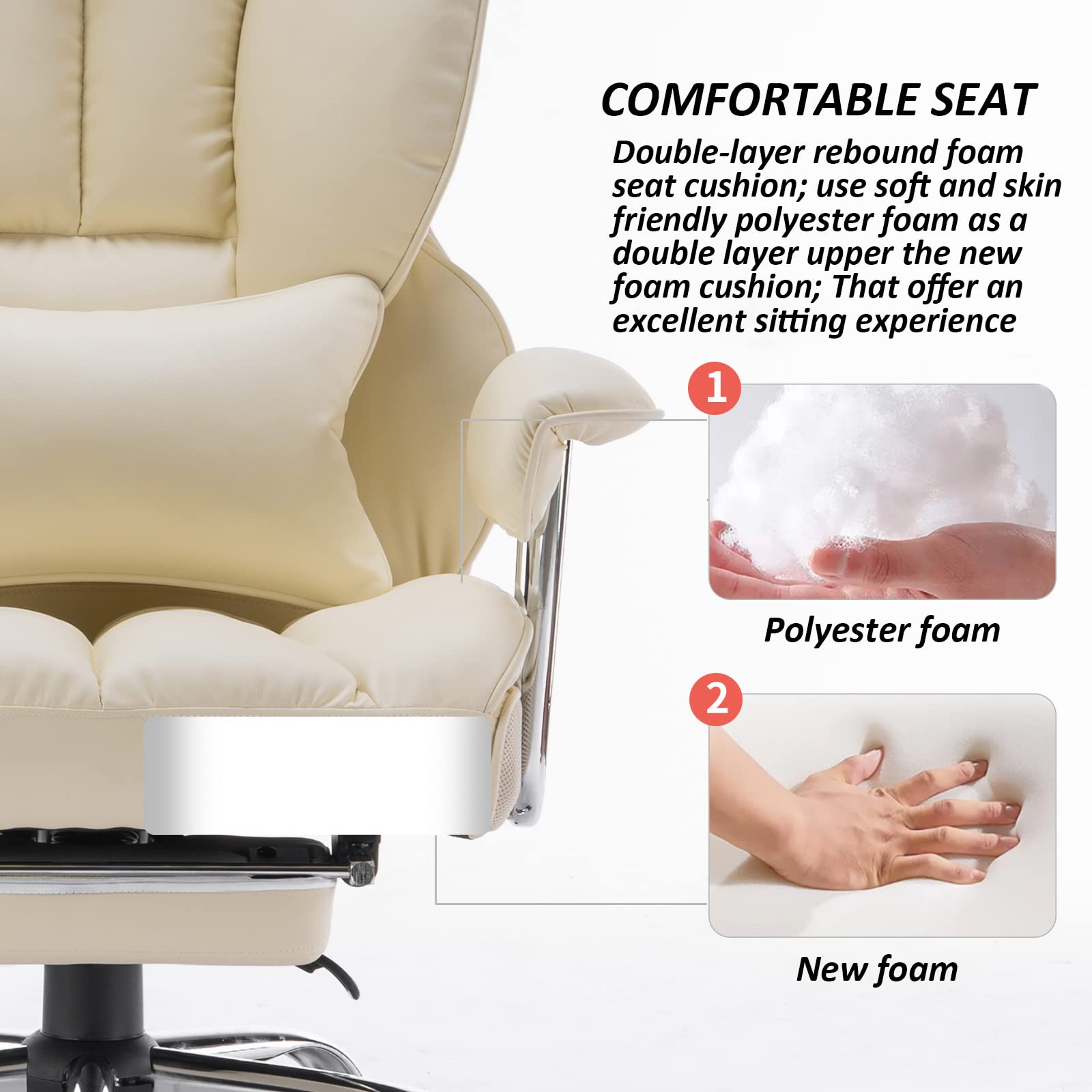 Efomao 400LBS Heavy Duty Executive Office Chair - Big and Tall PU Leather Computer Desk Chair with Adjustable Lumbar Support & Footrest - Ergonomic Home Office Chair for Work, Gaming, and Study (Beige)