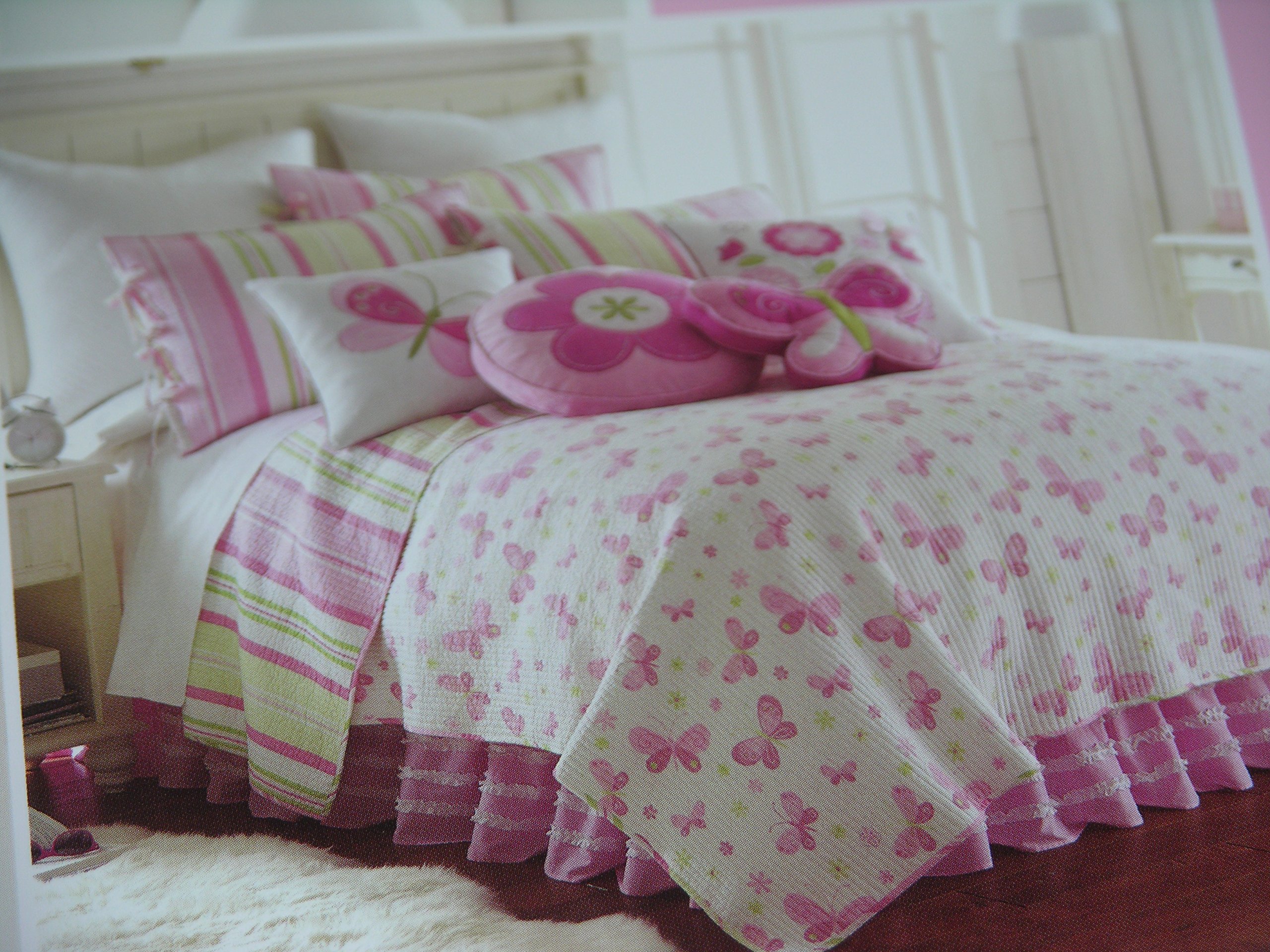 MARIPOSA Twin Reversible Cotton Quilt - Pink, Green & White Striped Floral Design for Girls Bedroom Decor | Soft Breathable Bedding for Spring & Summer Use
