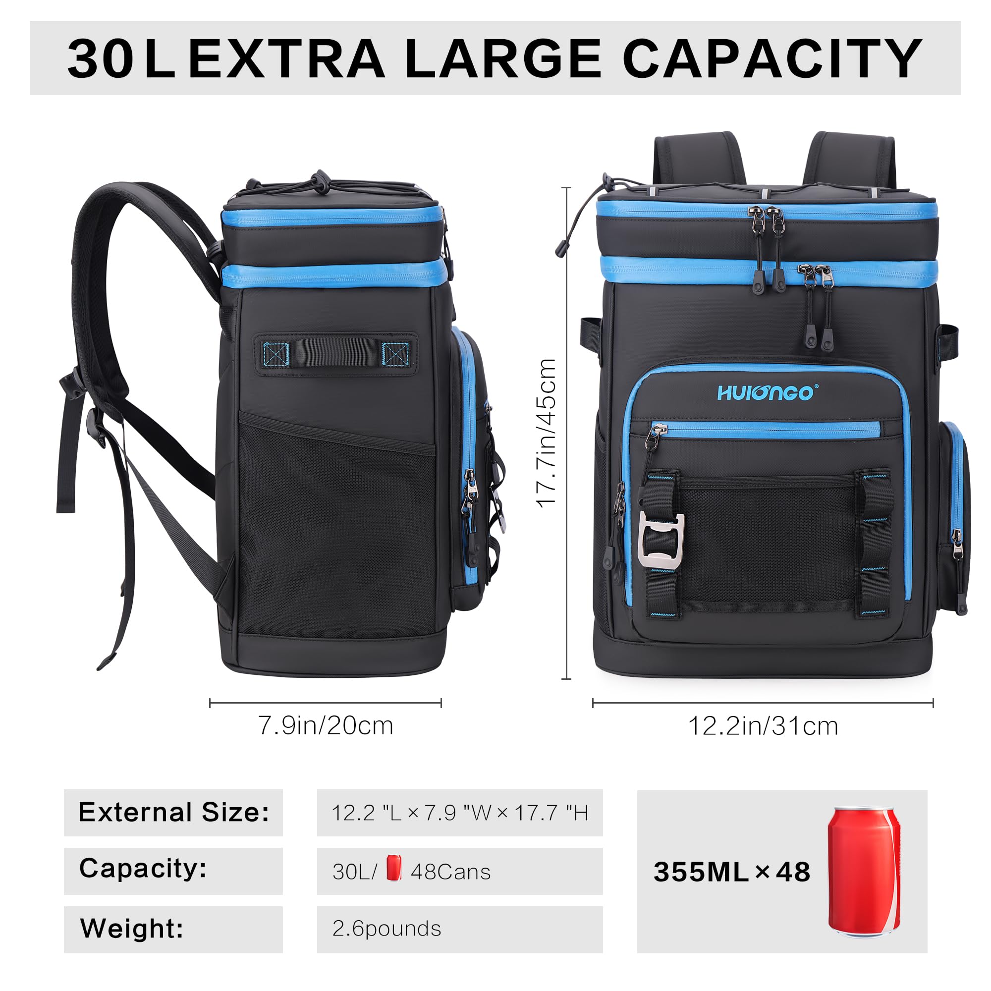 Large 30L Waterproof Insulated Cooler Backpack for Men & Women - Leak Proof Picnic, Camping, Beach, Fishing & Travel Backpack - Holds 48 Cans - Perfect for Outdoor Adventures, Tailgating & Road Trips
