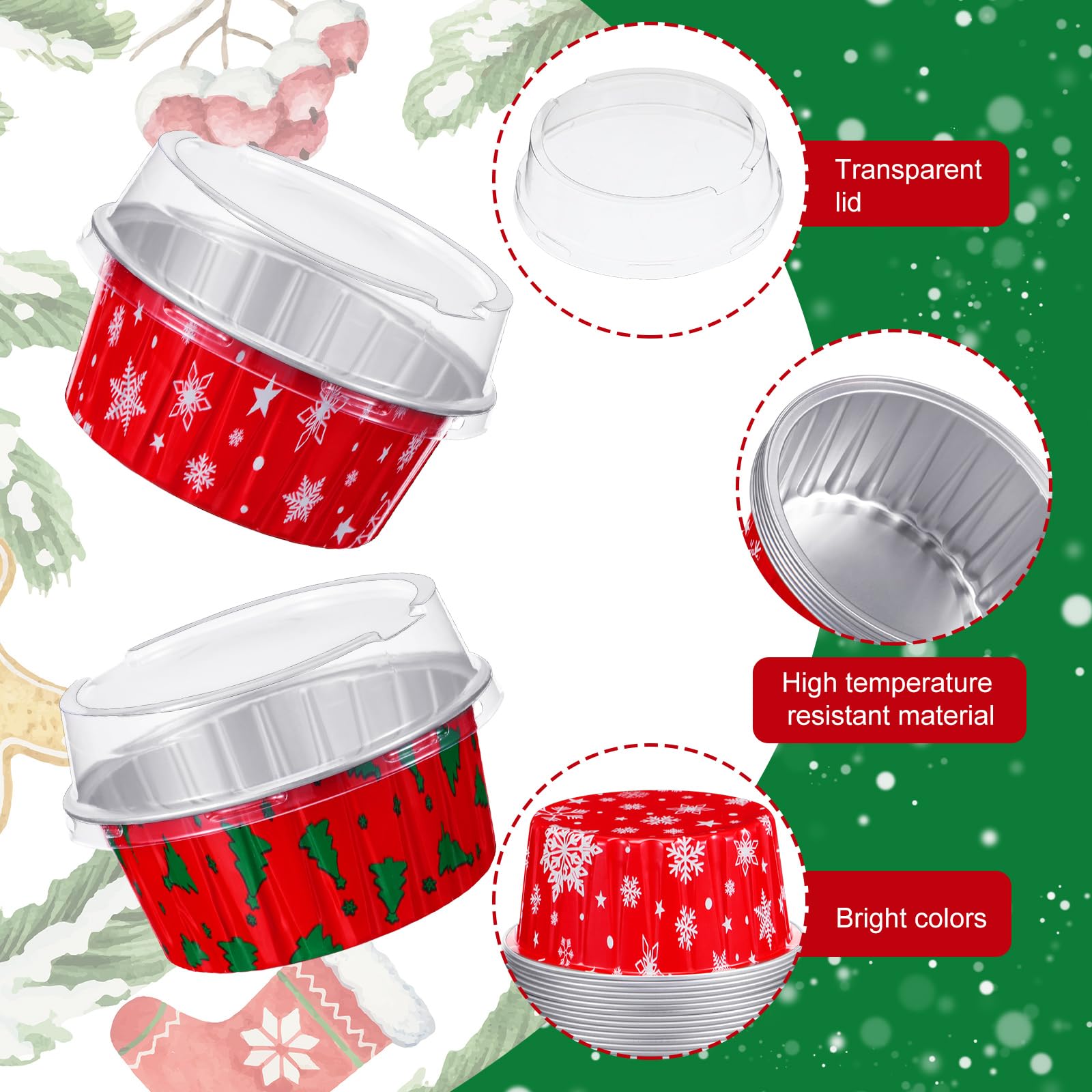 100 Pcs Christmas Aluminum Foil Baking Cups with Lids - 4.3oz Disposable Ramekins, Muffin & Cupcake Liners for Holiday Baking - Snowflake & Christmas Tree Design - Perfect for Christmas Parties, Cookie Exchanges & Festive Dessert Displays