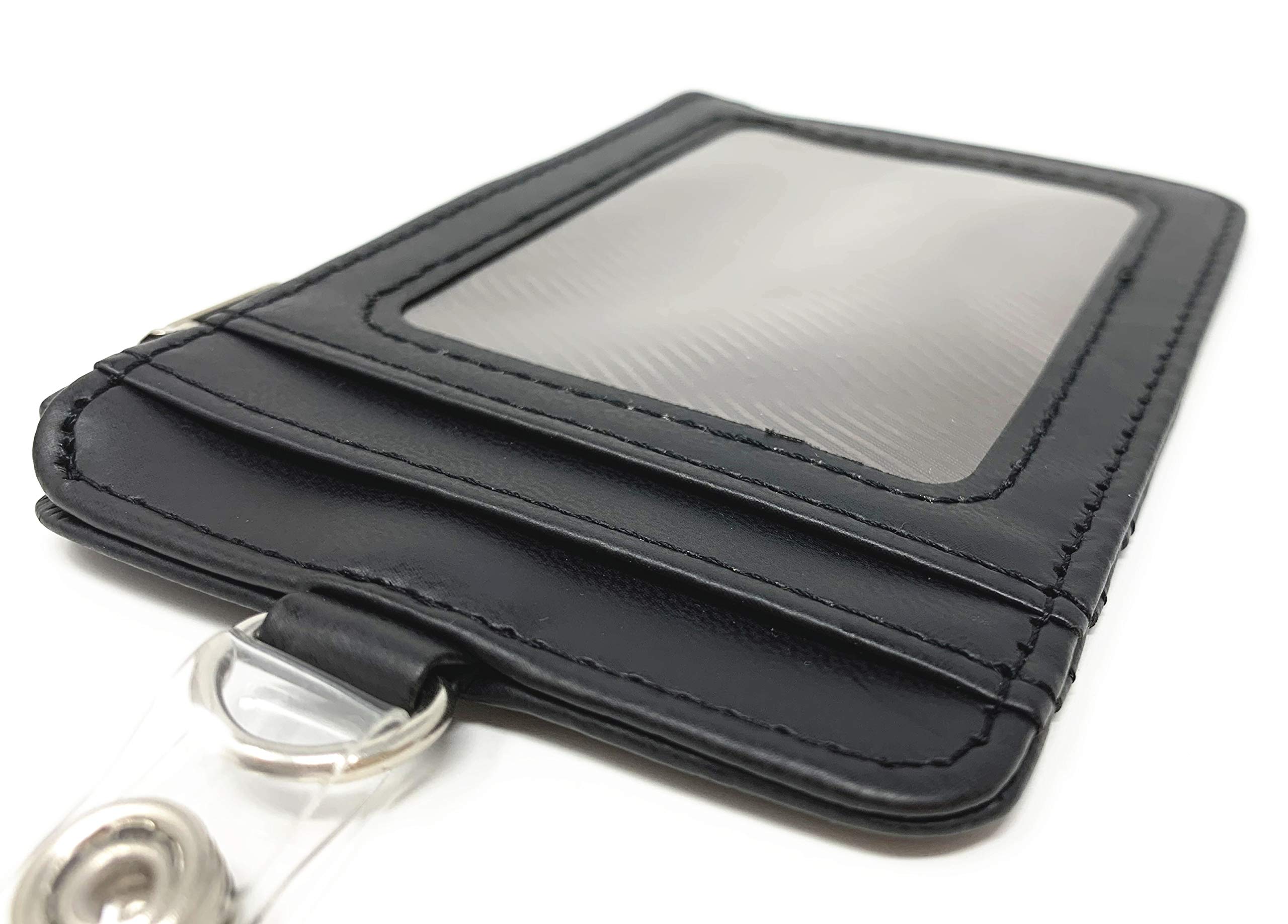 PU Leather Vertical ID Badge Holder with Zip - Slim Double Sided RFID Blocking Wallet Case with 5 Card Slots & Zipper Pocket - Includes Neck Lanyard & Retractable Reel (Black) - Perfect for Office, Security, Events & Conventions