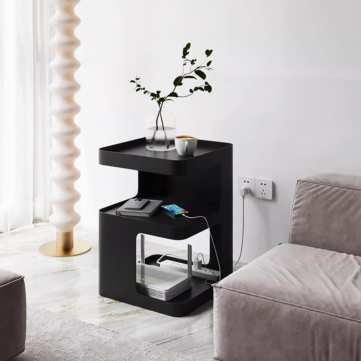 Modern Black Metal Side Table - 3-Tier End Table with Storage Shelf, Nightstand for Bedroom, Living Room & Small Spaces | Sturdy Couch Accent Table, No Assembly Required - Perfect for Reading Nook, Apartment Decor & Guest Room Essentials