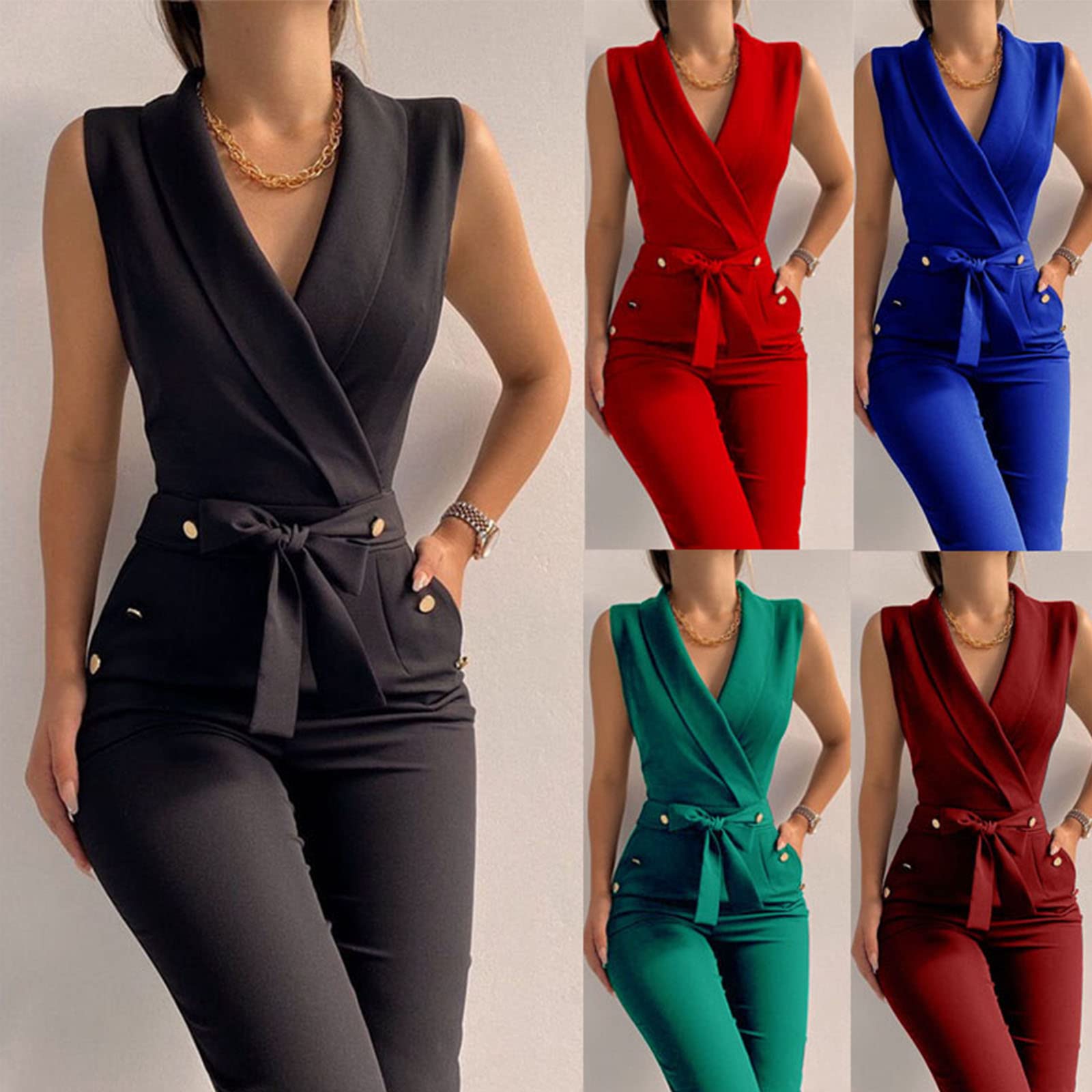 Elegant Women's V-Neck Sleeveless Jumpsuit with Belt & Pockets - Business Casual Outfit for Office, Party & Formal Events