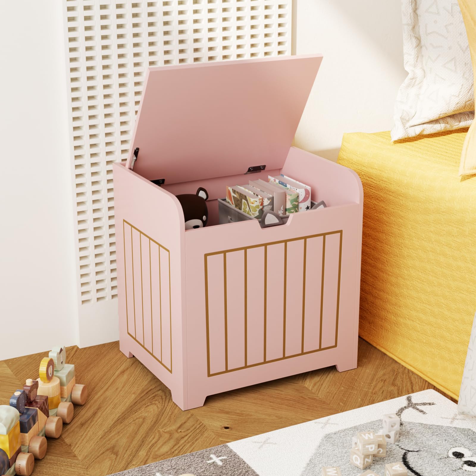 Pink Wooden Kids Storage Chest - Small Cube Toy Organizer Box for Clothes, Toys & Plants - Entryway Storage Bin & Square Nightstand for Playroom, Bedroom, Nursery - Perfect for Home Organization & Kids Room Decor