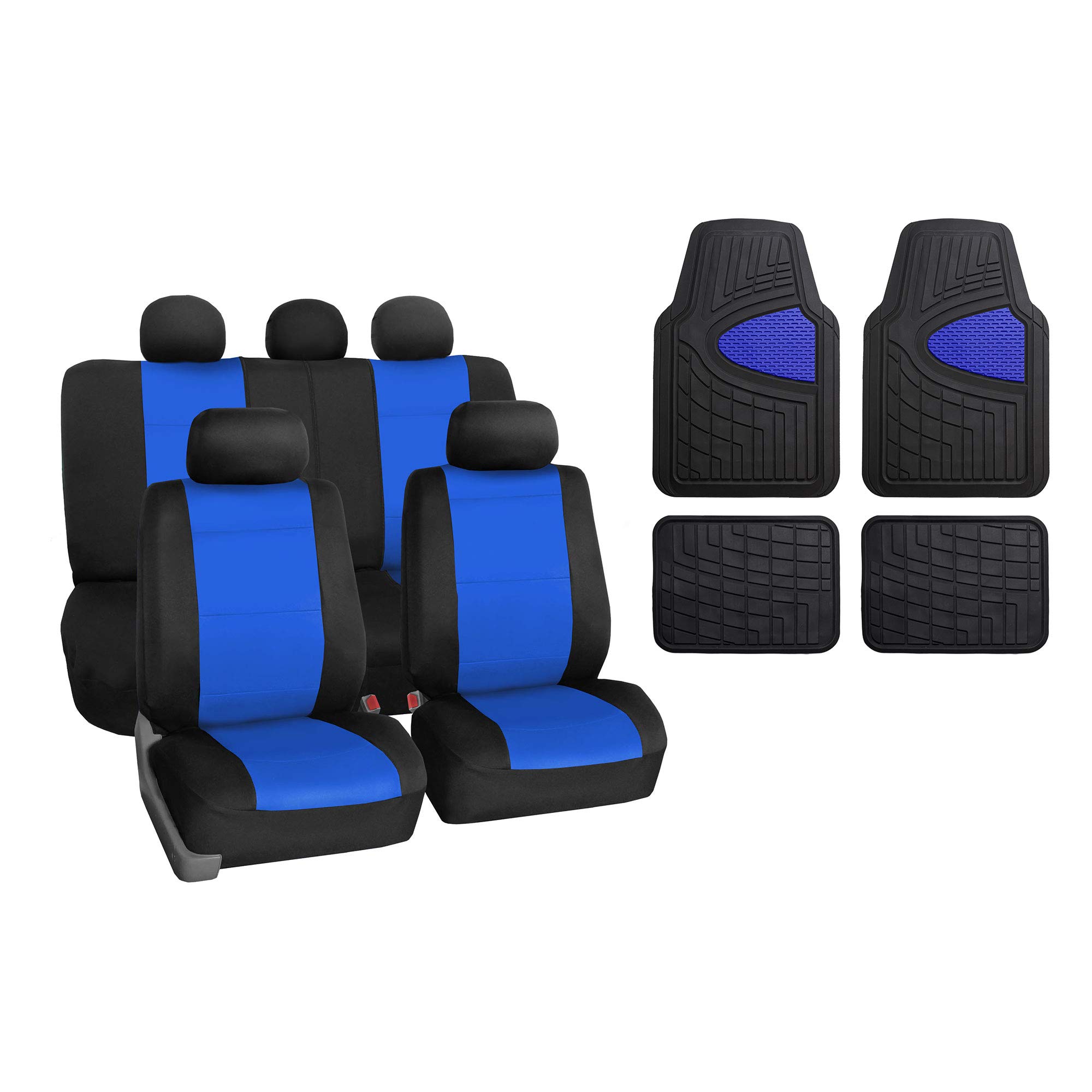 TLH Neoprene Blue Car Seat Covers Full Set - Airbag Compatible, Universal Fit with Tall Channel Trimmable Rubber Floor Mats | Waterproof Automotive Seat Protectors for Cars, Trucks & SUVs | Perfect for Daily Commute, Road Trips & Outdoor Adventures