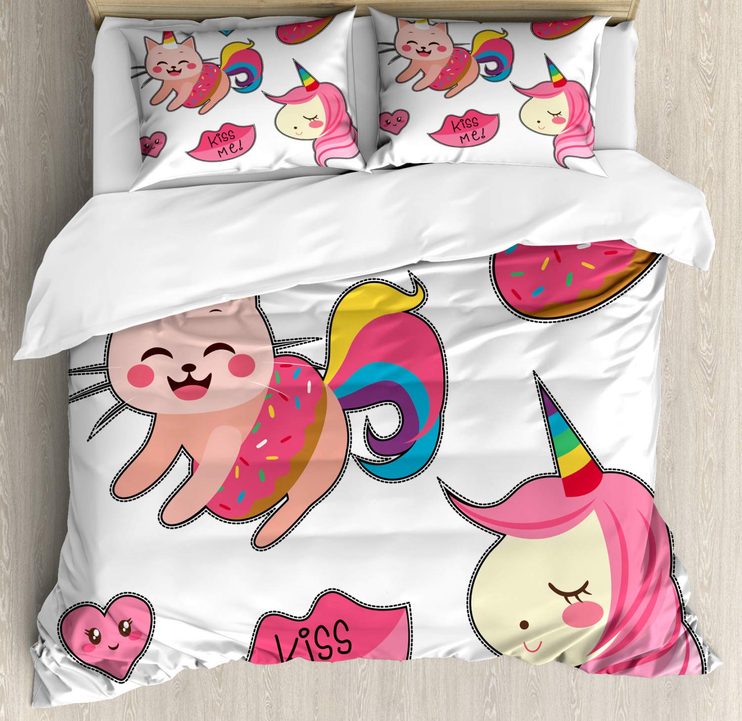 Ambesonne Unicorn Cat Duvet Cover Set - 2 Pack Cal King Size Pink Bedding with 2 Duvet Covers & 4 Pillowcases - Mythological Mascot Design for Girls - Perfect for Kids' Bedrooms, Sleepovers & Fantasy-Themed Decor