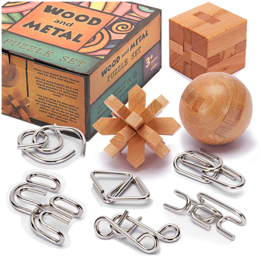 LESONG 9 Pack Metal and Wooden Brain Teaser Puzzles for Kids & Adults - 3D Coil Cast Wire Chain & Durable Wood IQ Logic Games - Perfect for Family Game Night, Classroom Activities & Stress Relief