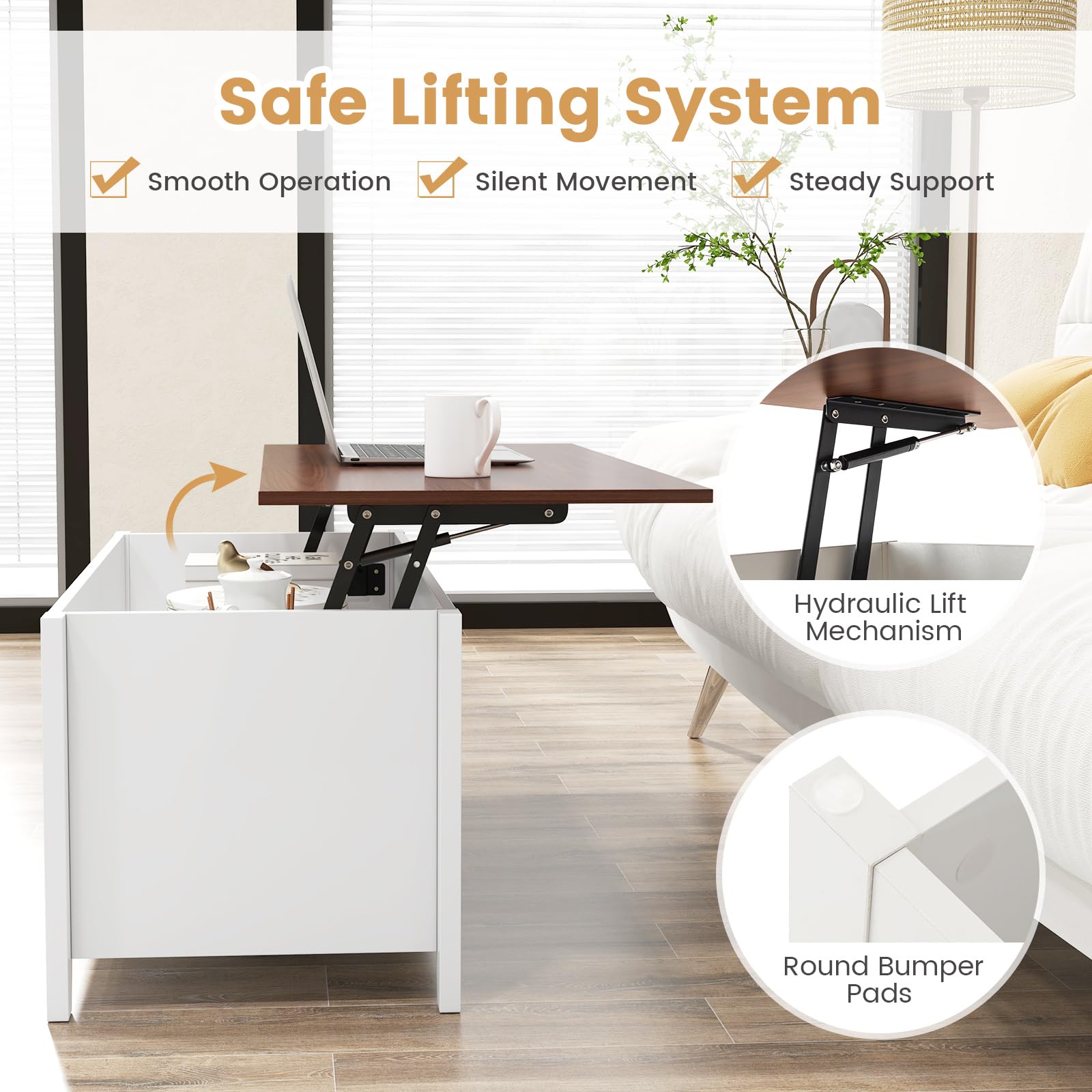 Lift Top Coffee Table with Hidden Storage Compartment & Display Shelves - Retro Style Living Room, Bedroom & Office Furniture - White & Brown Tea Dining Table for Small Spaces & Home Decor