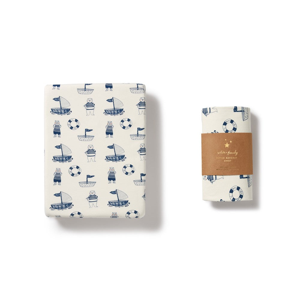 Organic Cotton Nautical Bear Bassinet Sheet - Soft, Breathable Crib Fitted Sheet for Baby Nursery, Travel & Co-Sleeping