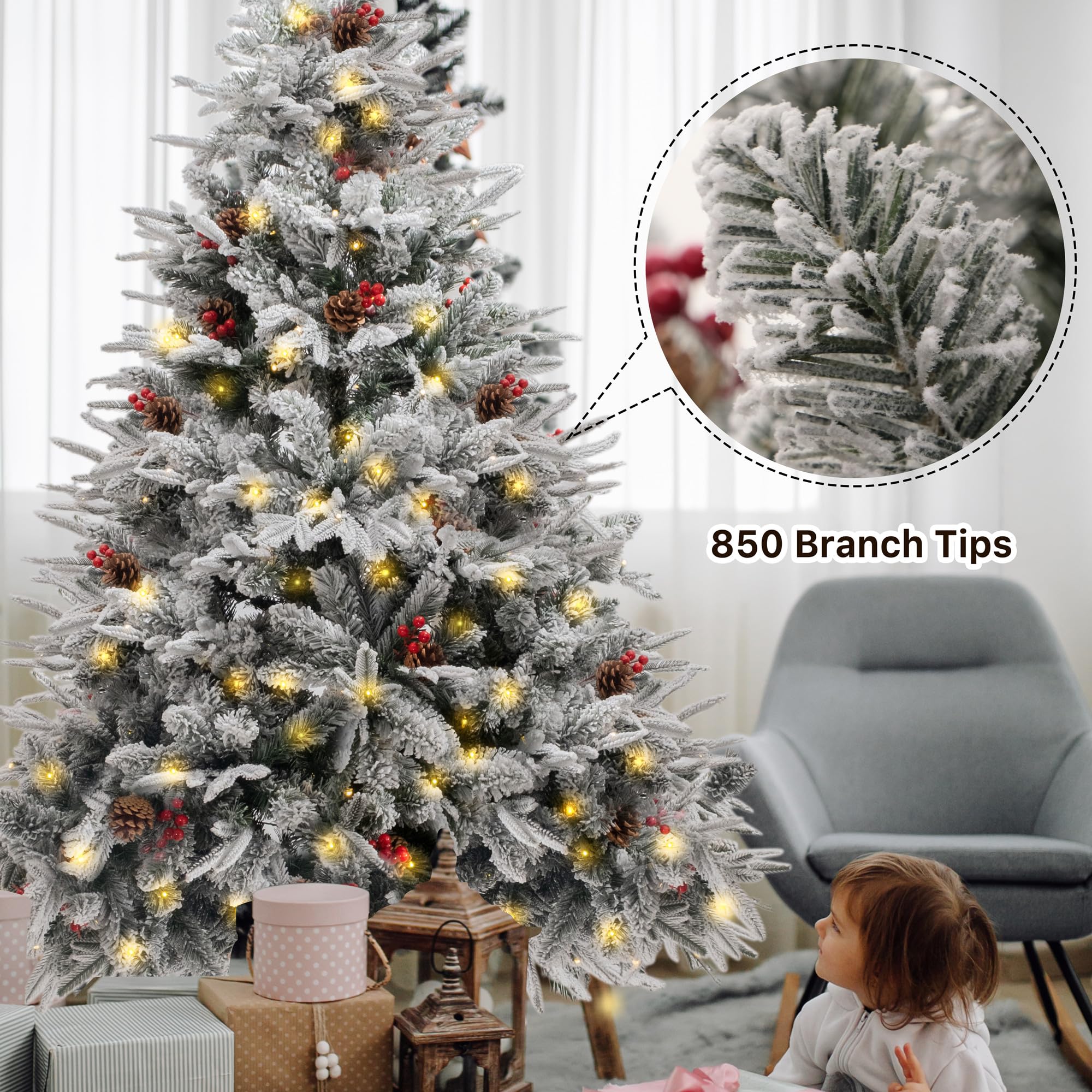 GEX 6ft Pre-Lit Flocked White Artificial Christmas Tree with Warm Yellow LED Lights, 8 Lighting Modes, Berries & Pinecones - Perfect for Living Room, Office Holiday Decor (Flocked White, 6 Feet)