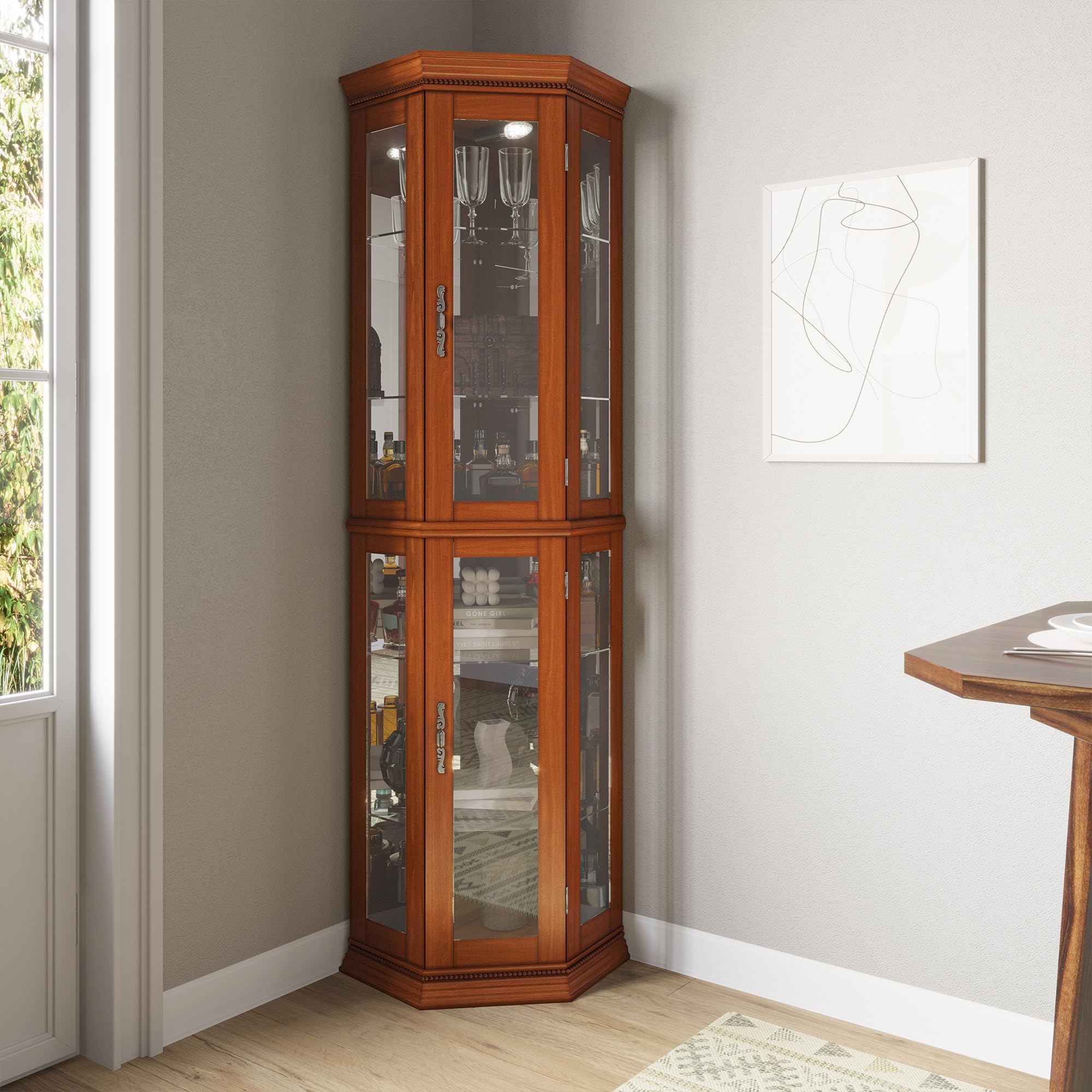 BELLEZE Lighted 3-Side Glass Display Curio Cabinet with Tempered Glass Doors & Shelves, Wooden Corner Cabinet with LED Bulbs - Perfect for Living Room Decor, Showcasing Collectibles, China, or Antiques