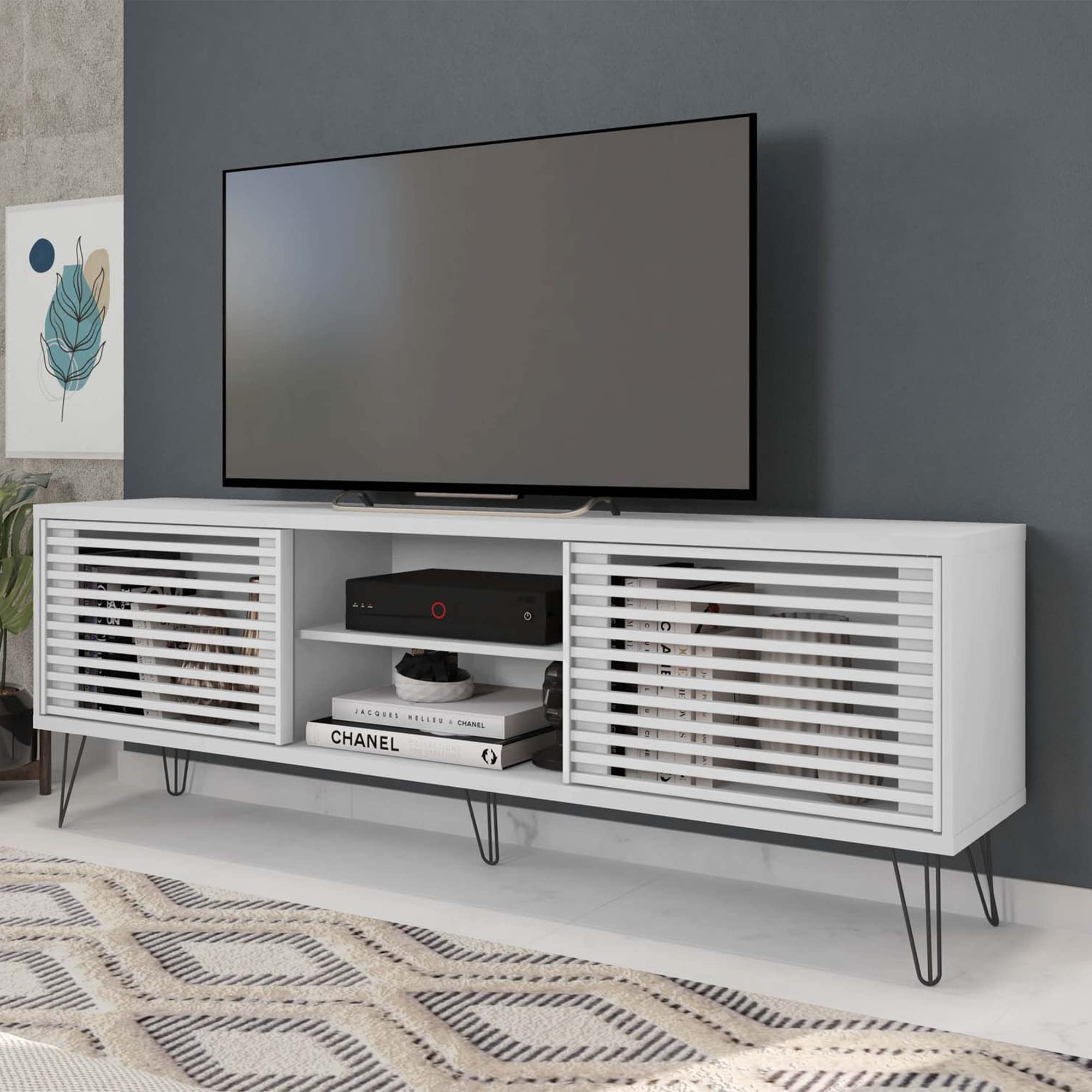 Better Home Products 70 Inch Mid-Century Modern TV Stand - White Wooden Entertainment Center for Living Room, Bedroom & Home Theater
