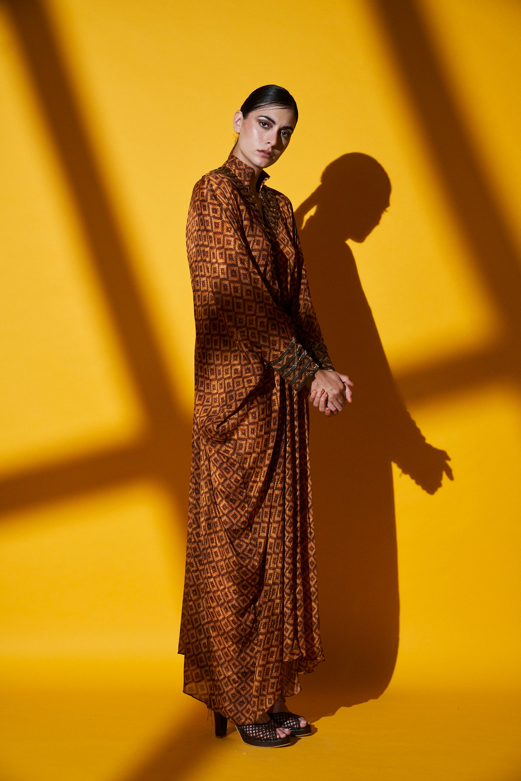 Archana Puran Singh Beige Brown Basket Weave Print Pleated Maxi Dress with Embroidered Belt - Elegant Boho Chic Dress for Summer Parties, Weddings & Beach Vacations