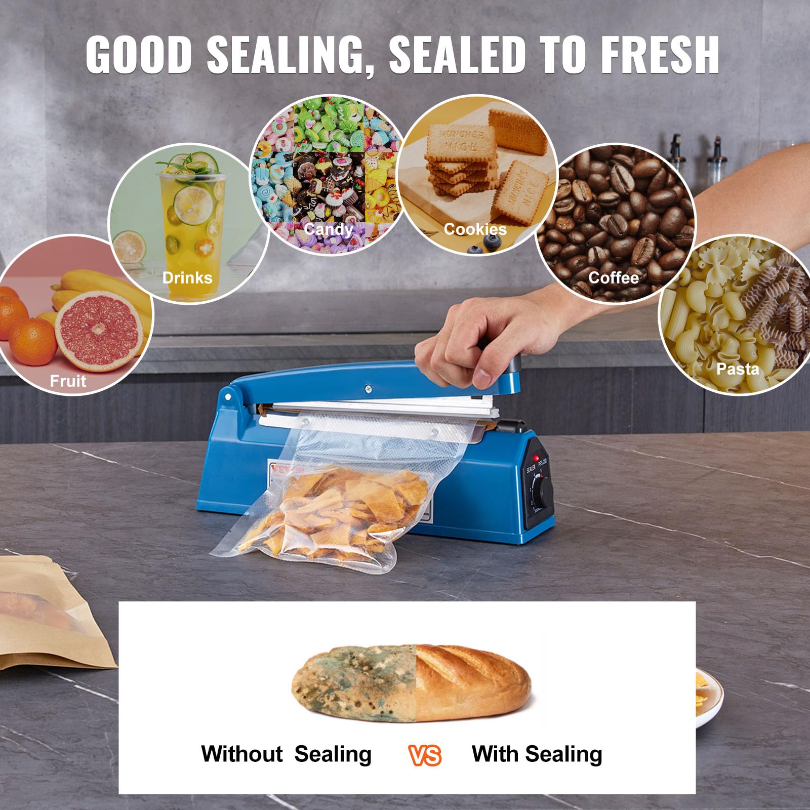 VEVOR 8 Inch Manual Impulse Sealer - Adjustable Heat Sealing Machine for Plastic, Mylar, PE & PP Bags | Portable Shrink Wrap Bag Sealer with Extra Replacement Kit | Ideal for Food Packaging, Retail & Warehouse Sealing Operations