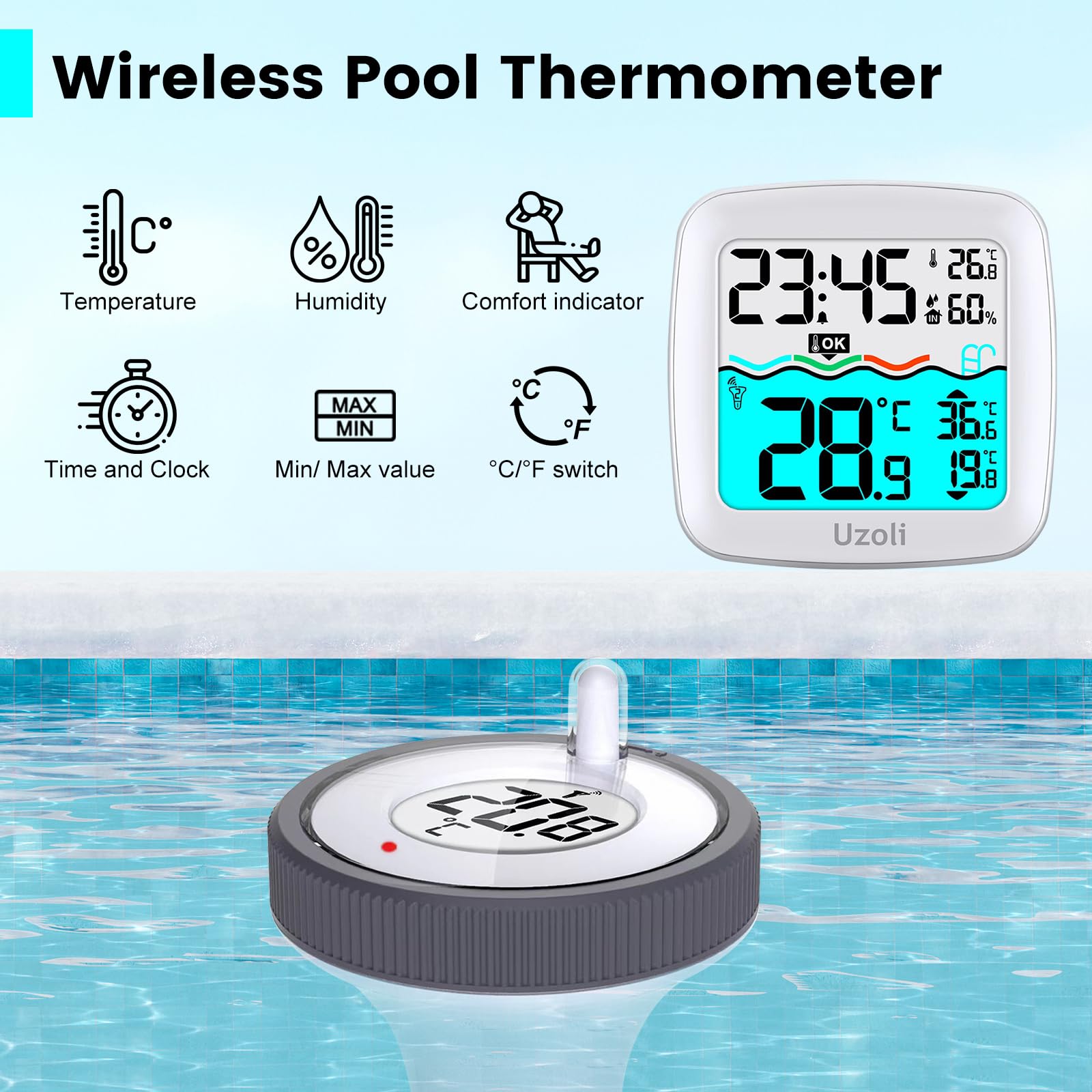 **Uzoli Wireless Floating Pool Thermometer - Easy Read Digital Thermometer with Indoor/Outdoor Temperature & Humidity Monitor for Swimming Pools, Hot Tubs, Ponds, Baths & Spas - Perfect for Home, Backyard & Spa Relaxation**