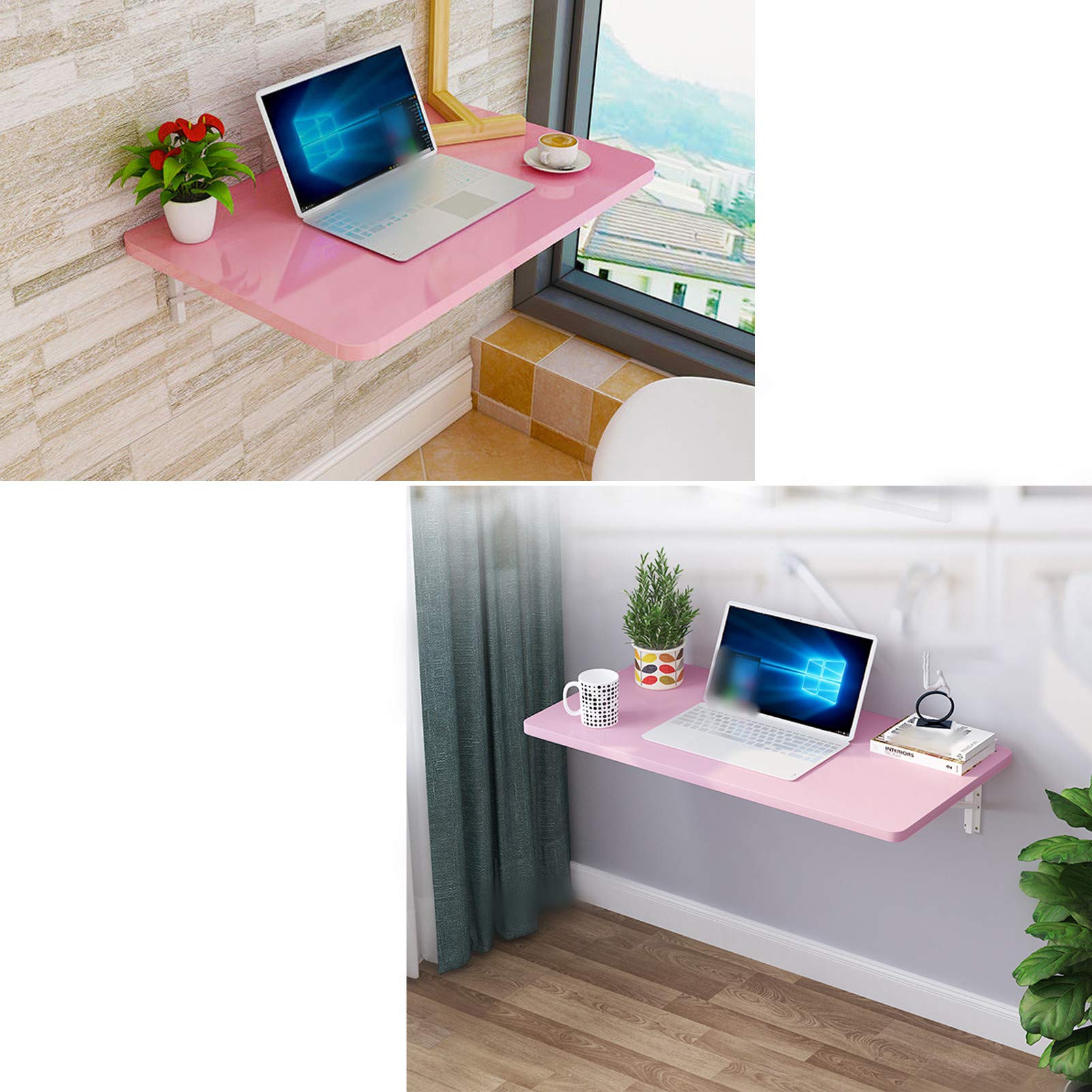 Space Saving Folding Wall Mounted Drop-Leaf Table with Shelves - Floating Cafe Dining Table for Home Office, Living Room & Bedroom - Wooden Hanging Computer Desk & Bookshelf Bar Table - Pink (110x60cm/43x24in) - Perfect for Small Apartments, Coffee Shops & Workspaces