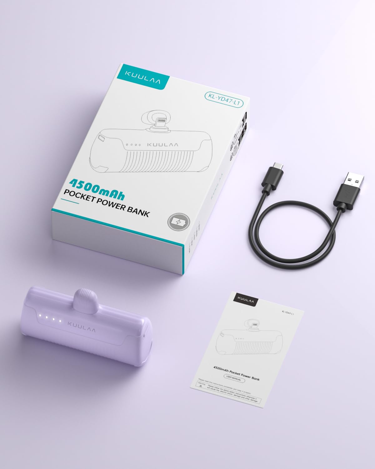 Kuulaa 4500mAh Mini Portable Charger - Compact Power Bank for iPhone 14/13/12/11/XS/XR & AirPods - Cute Purple Battery Pack for Travel, Outdoor & Emergency Charging