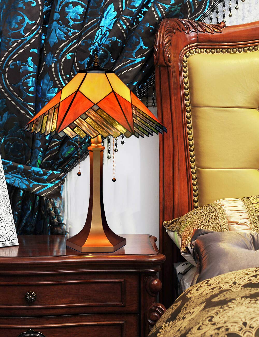 HT Tiffany Style Stained Glass Table Lamp - 16 Inch Hexagon Shade in Red & Yellow, Aluminum Alloy Base - Elegant Home Decor for Bedroom, Office, Coffee Bar & Study Room
