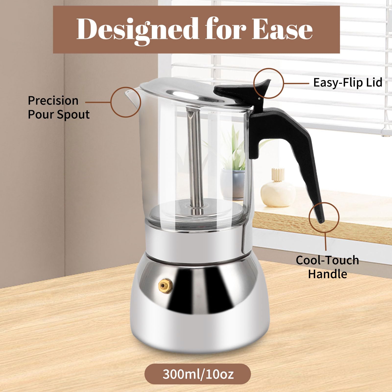 **Stainless Steel Induction Moka Pot - 300ml/10oz Italian Stovetop Espresso Maker with Crystal Glass Top & Safety Valve | Perfect for Home, Office & Camping Coffee Brewing**