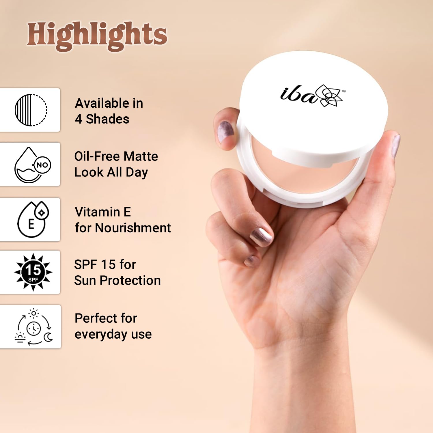 Iba Pure Skin Perfect Look Long Wear Mattifying Compact Foundation - Medium Shell, 9g | Oil-Free Matte Finish | SPF 15 | Even Coverage | 100% Natural Vegan & Halal Certified Makeup | Perfect for Daily Wear, Office & Special Occasions